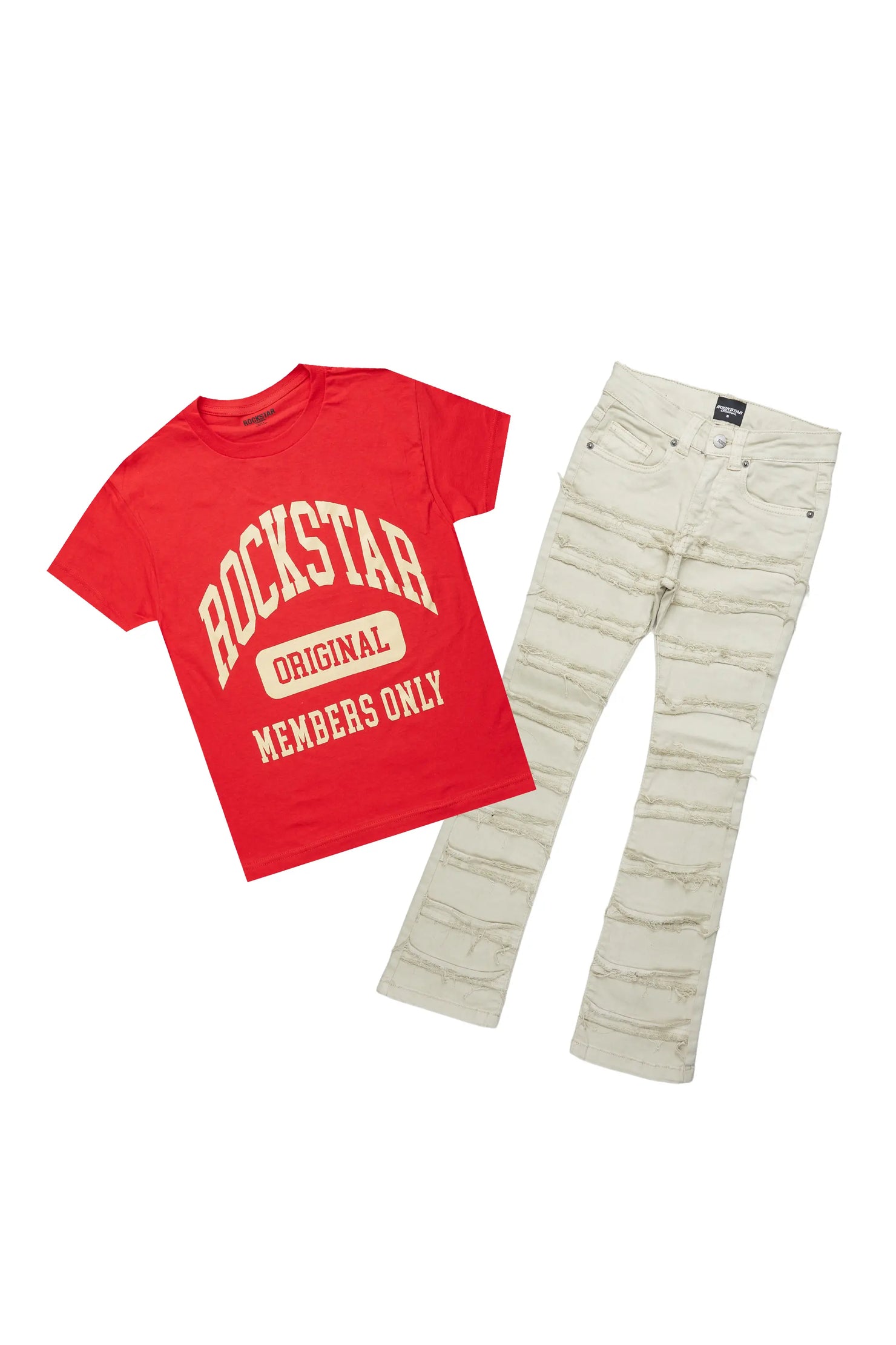 Boys Raam Red T-Shirt/Frayed Skinny Stacked Flare Jean Set