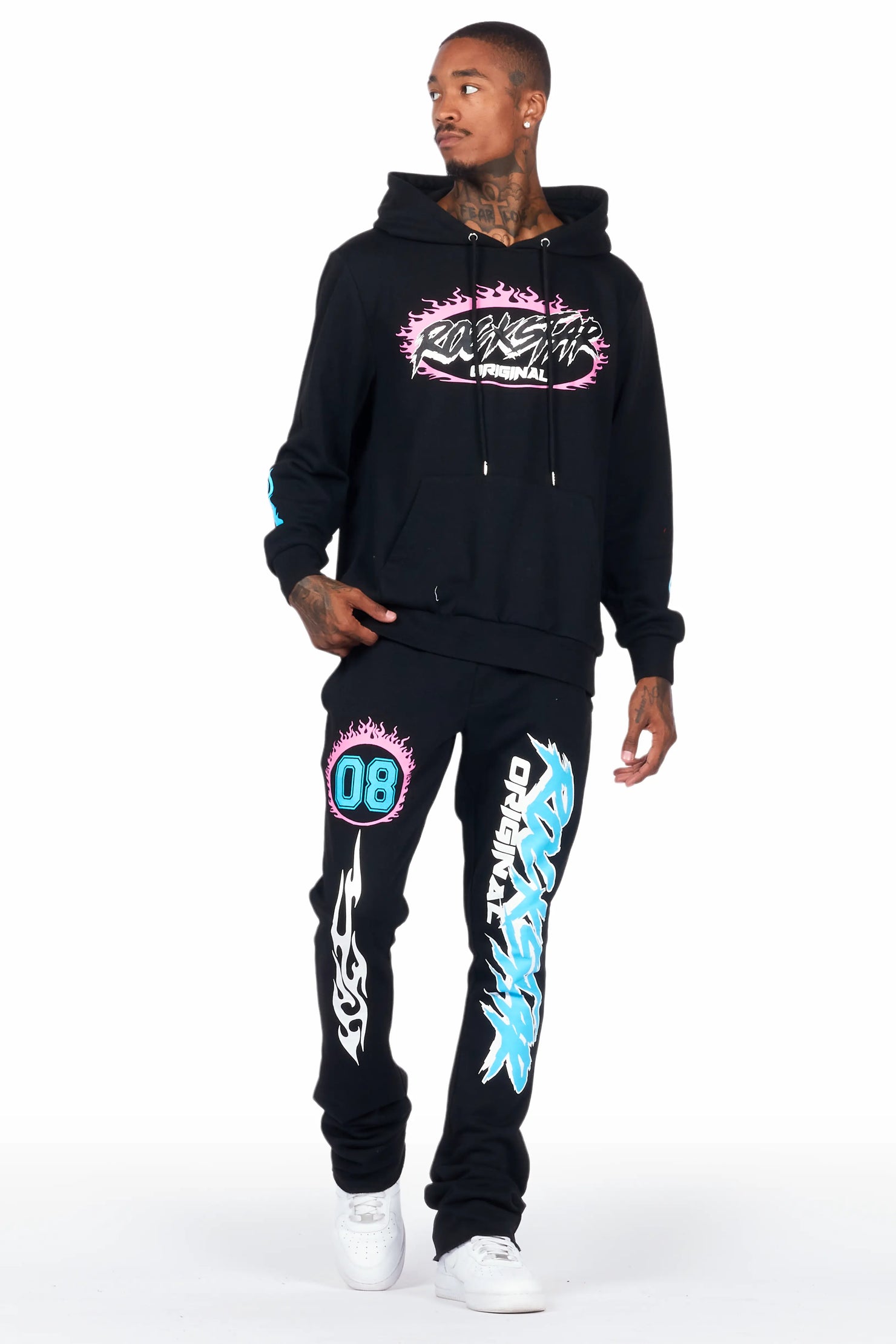 Draven Black Hoodie/Stacked Flare Track Pant Set