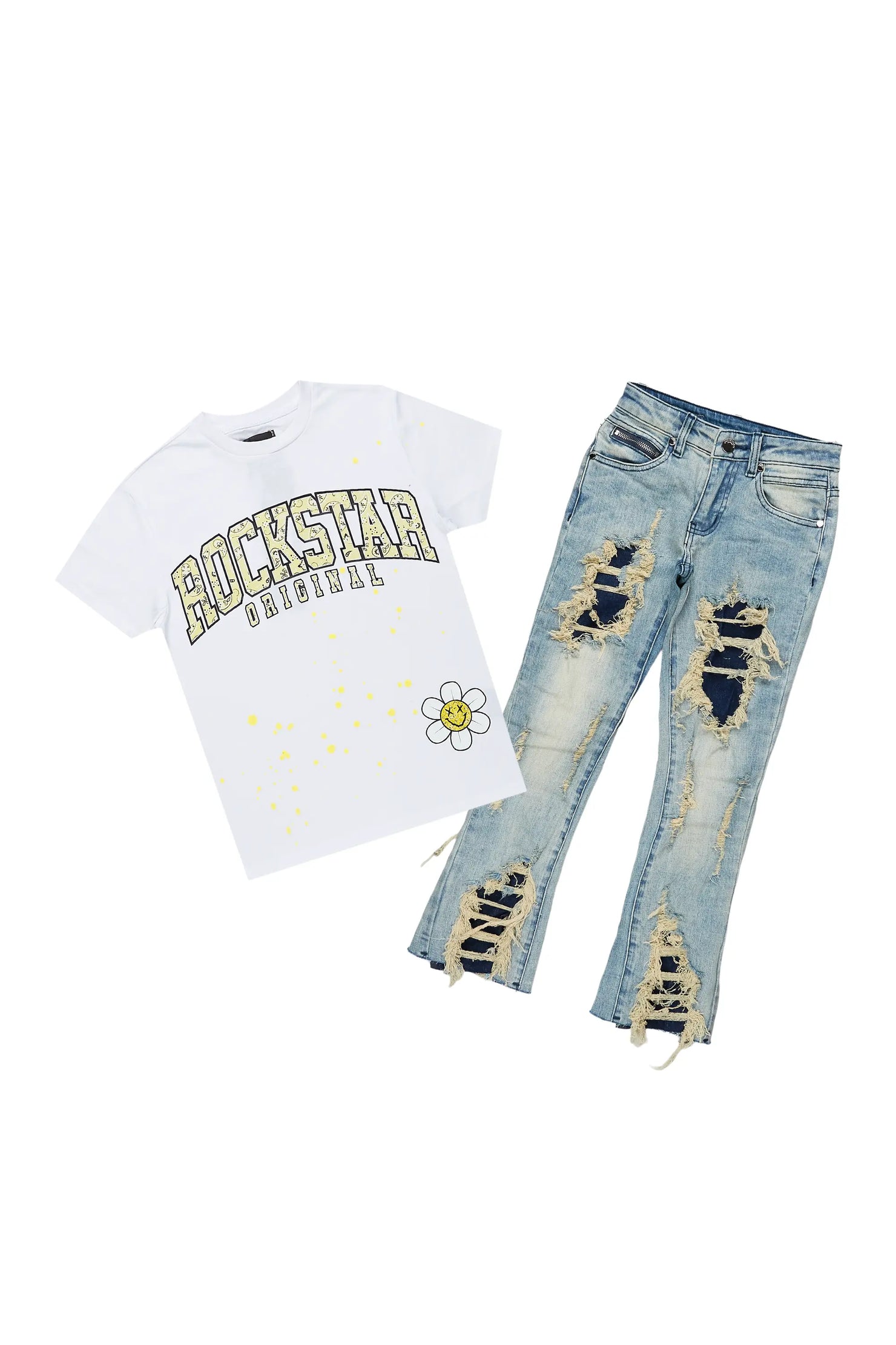 Girls Indie White/Blue T-Shirt/Stacked Flare Jean Set