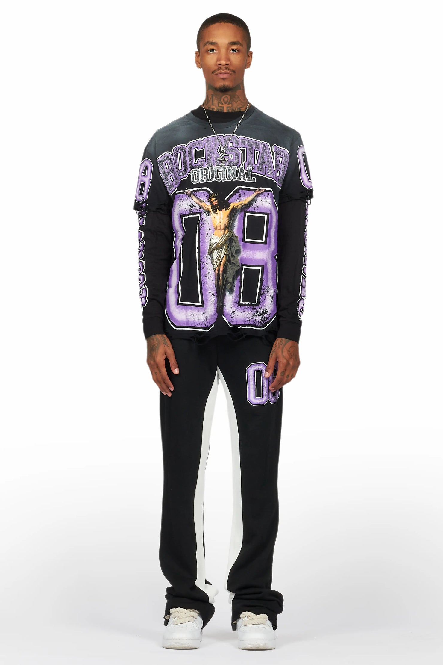 Fields Black/Purple Double Layer T-Shirt/Stacked Baggy Track Pant Set