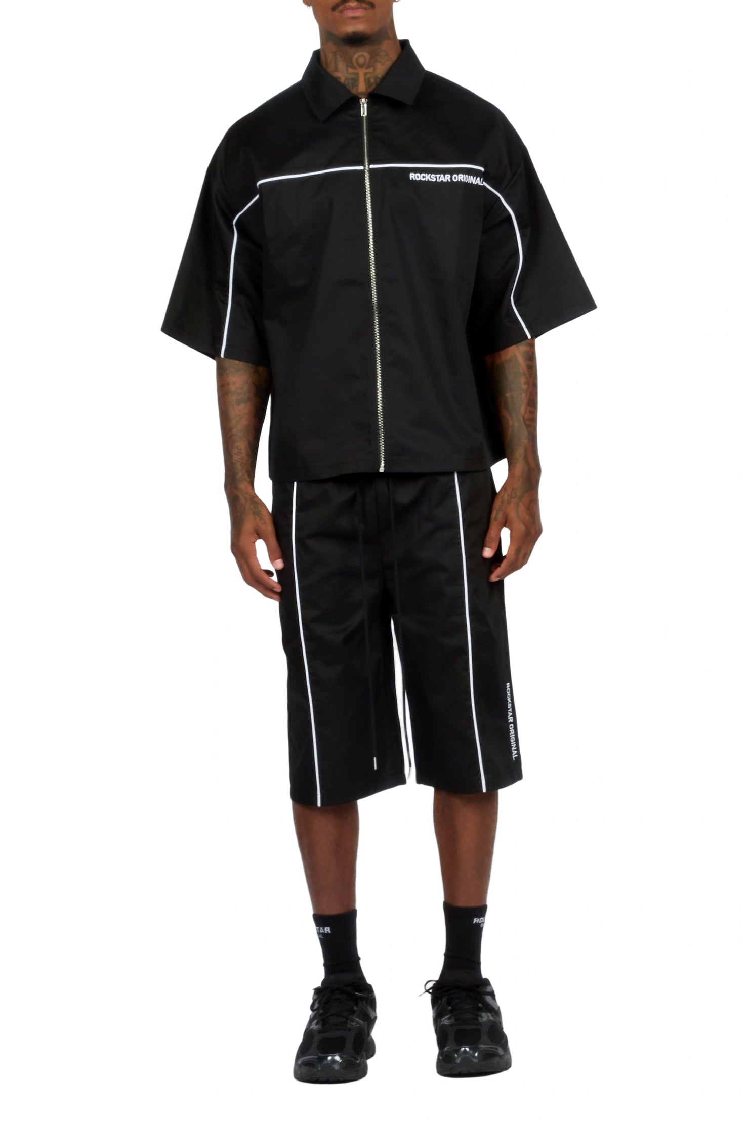 Izan Black Zip Up Short Sleeve Twill Short Set