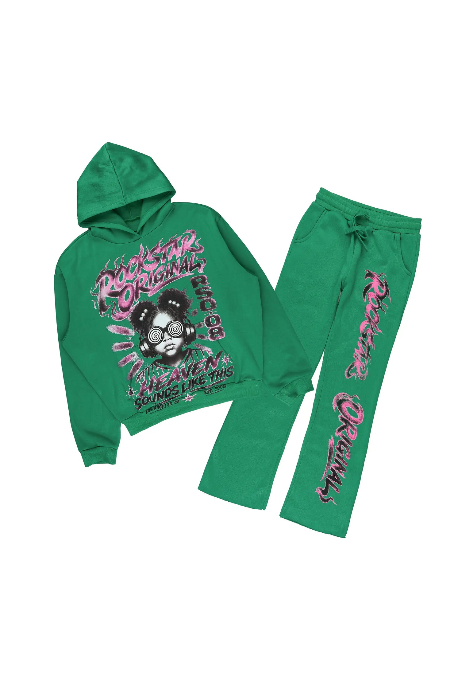 Girls Loomy Green/Light Pink Graphic Hoodie Track Set