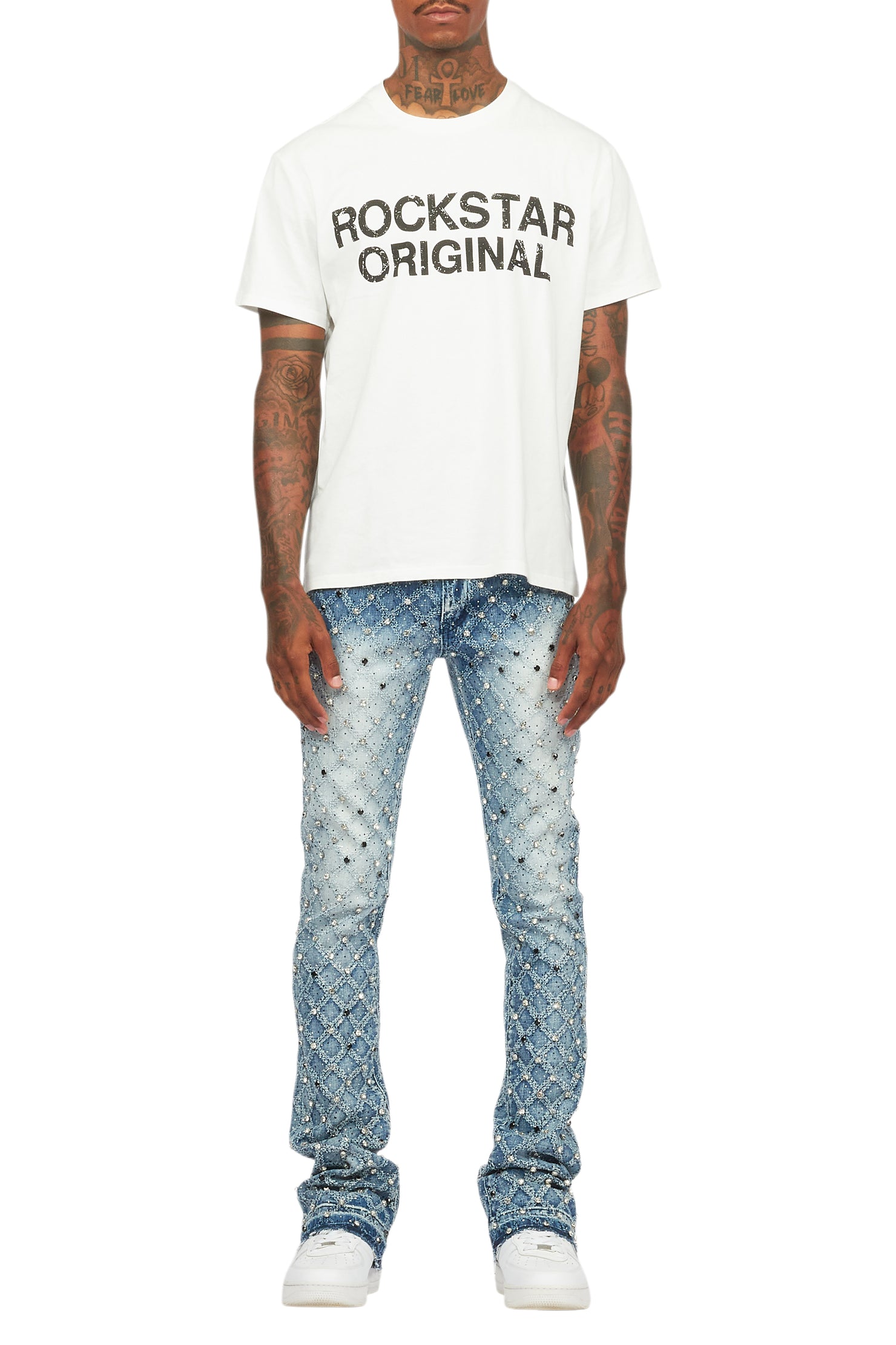 Glit Dark Blue Rhinestone Stacked Flare Jean