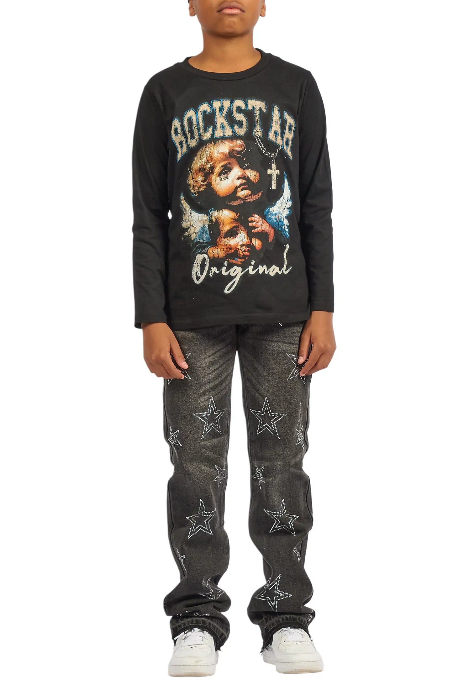 Boys Kama Dark Grey Rhinestone Stacked Flare Jean