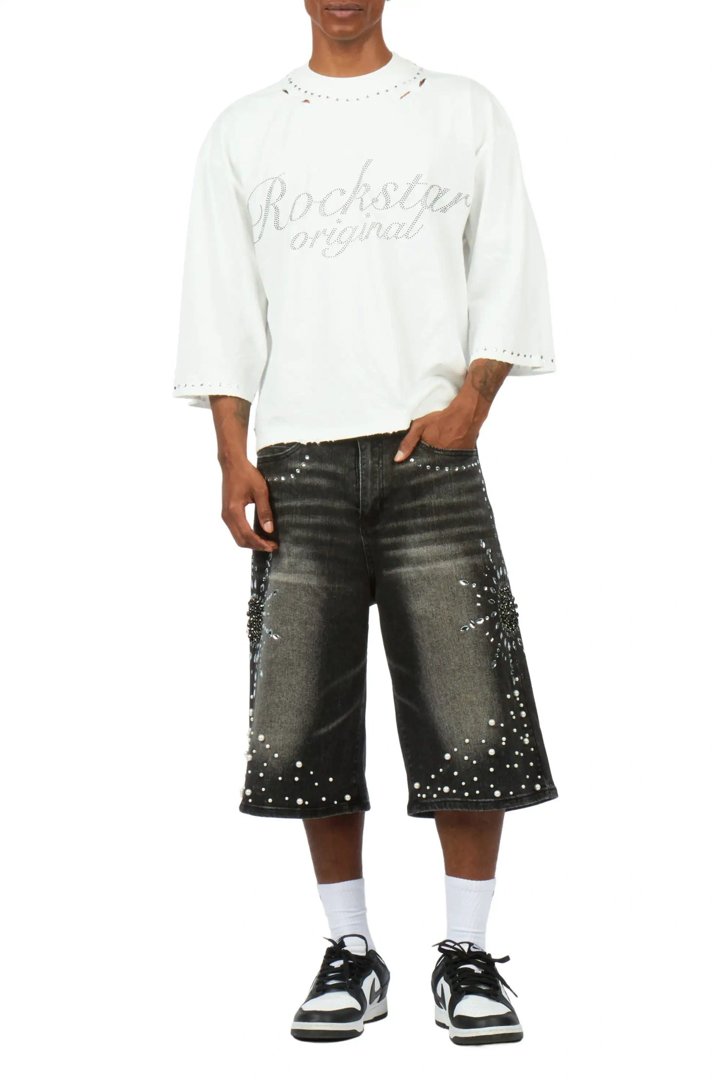 Tryst Grey Rhinestone T-Shirt Denim Jort Set