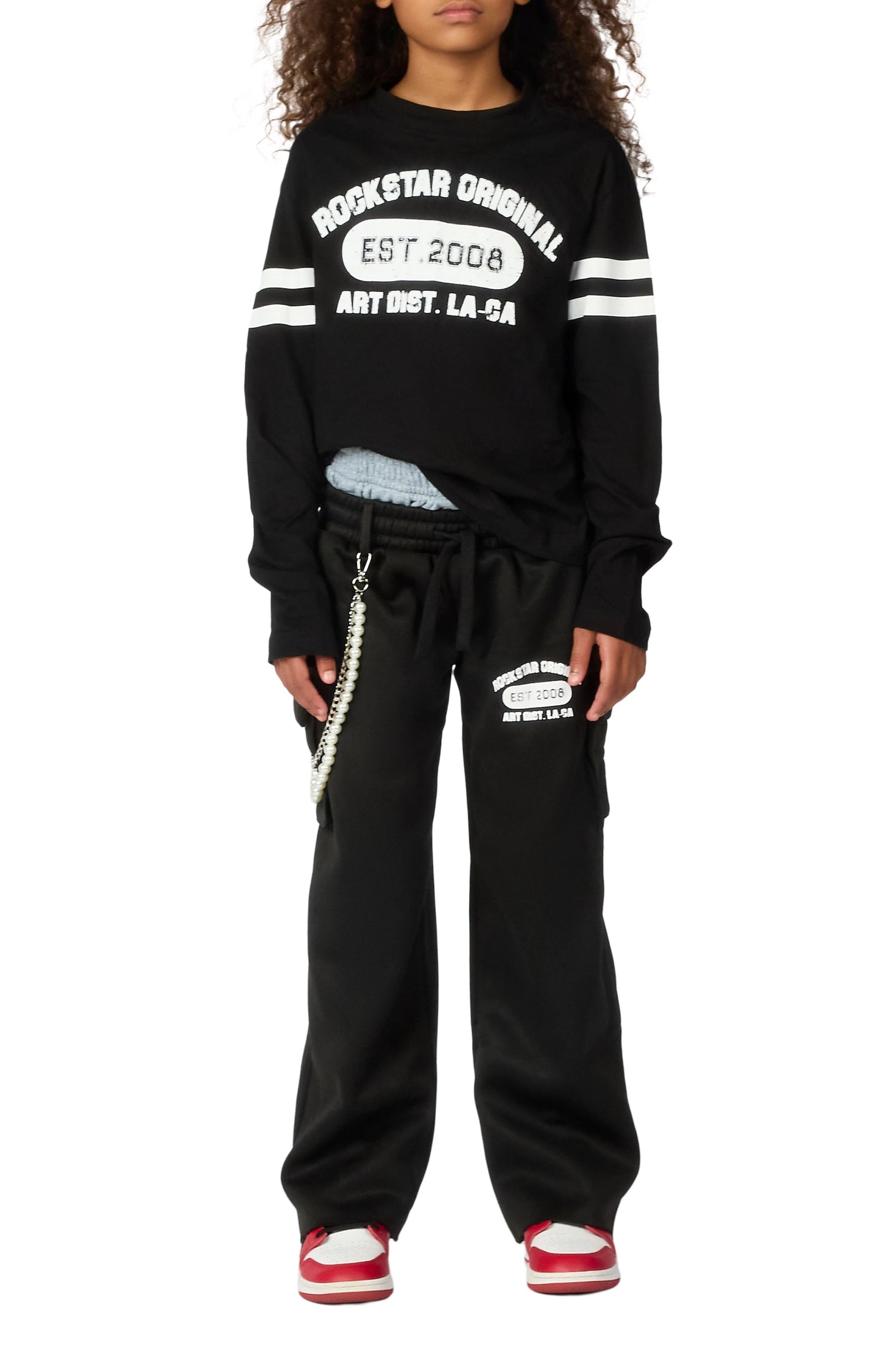 Girls Alexa Black Long Sleeve Shirt Double Waisted Super Baggy Track Set