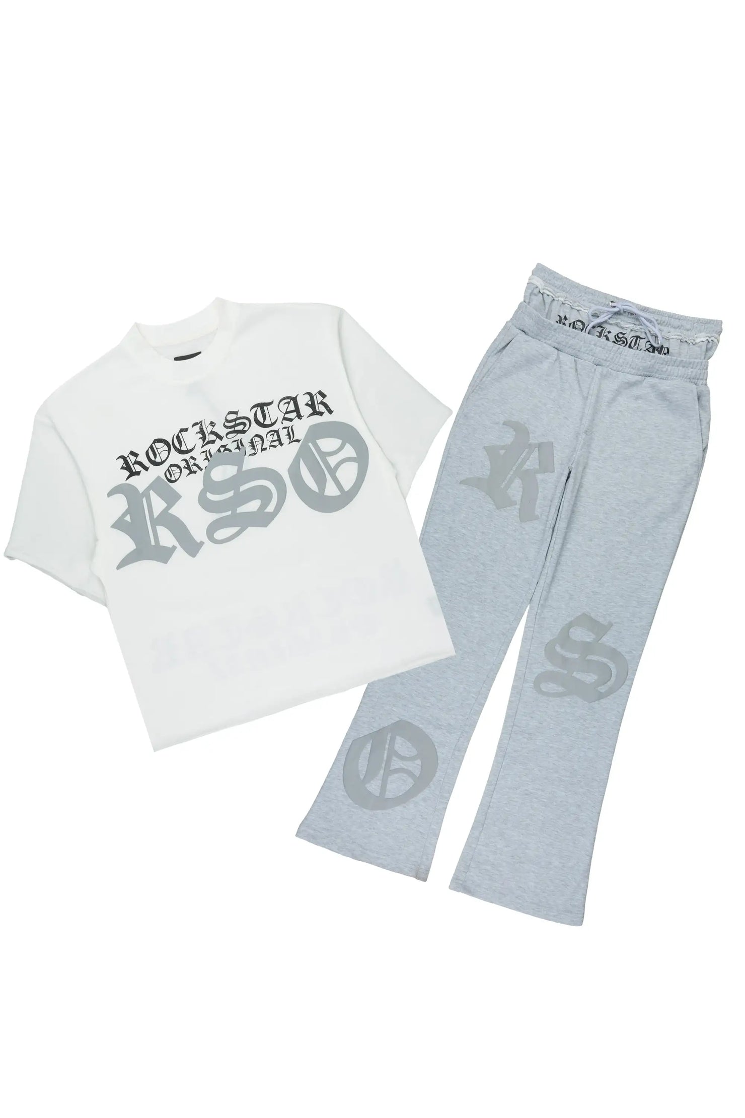 Burke Heather Grey Chenille Patch Boxy Tee/Double Waistband Pant Track Set