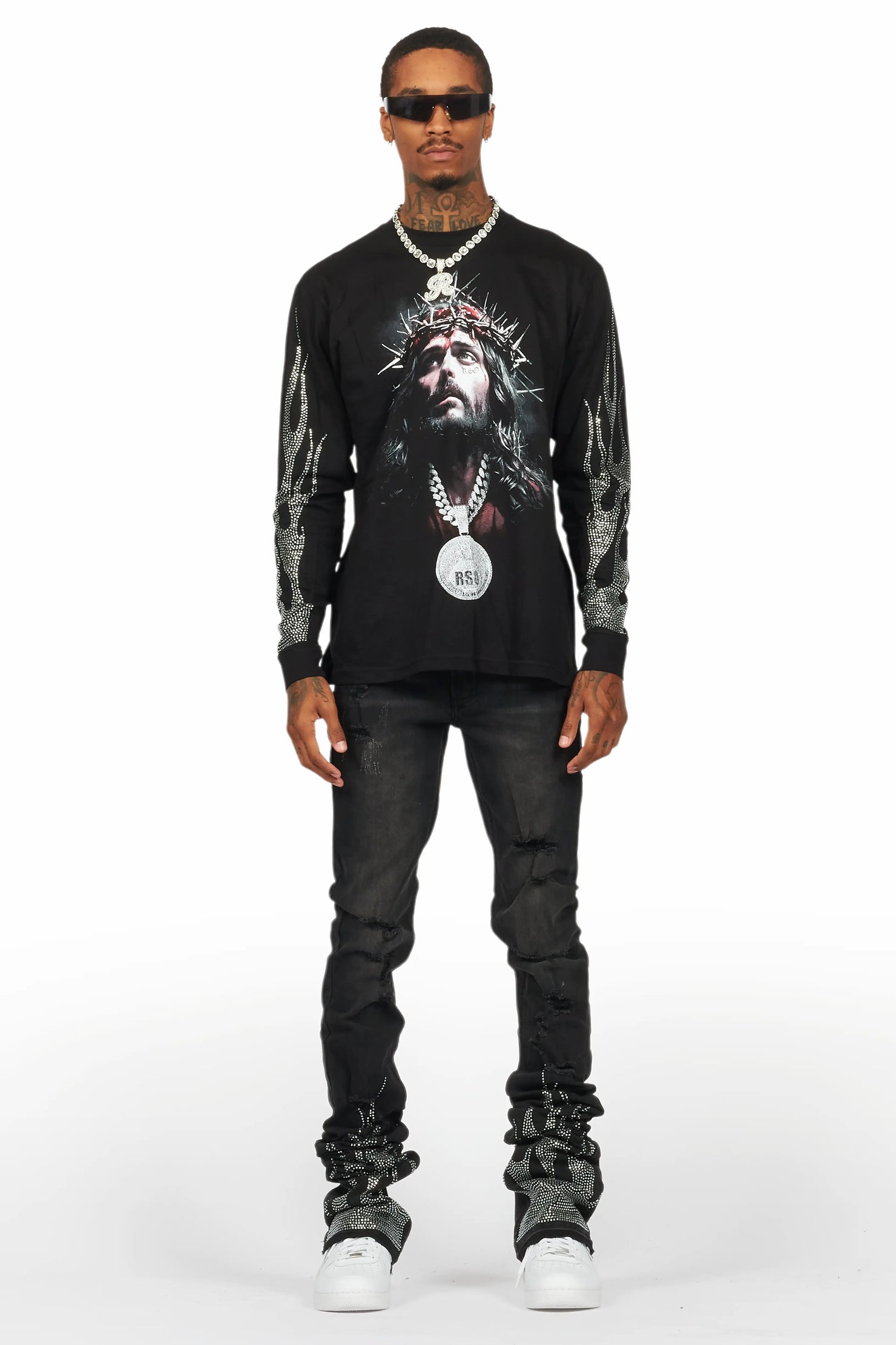 Amina Black Rhinestone Long Sleeve T-Shirt/Super Stacked Flare Jean Set