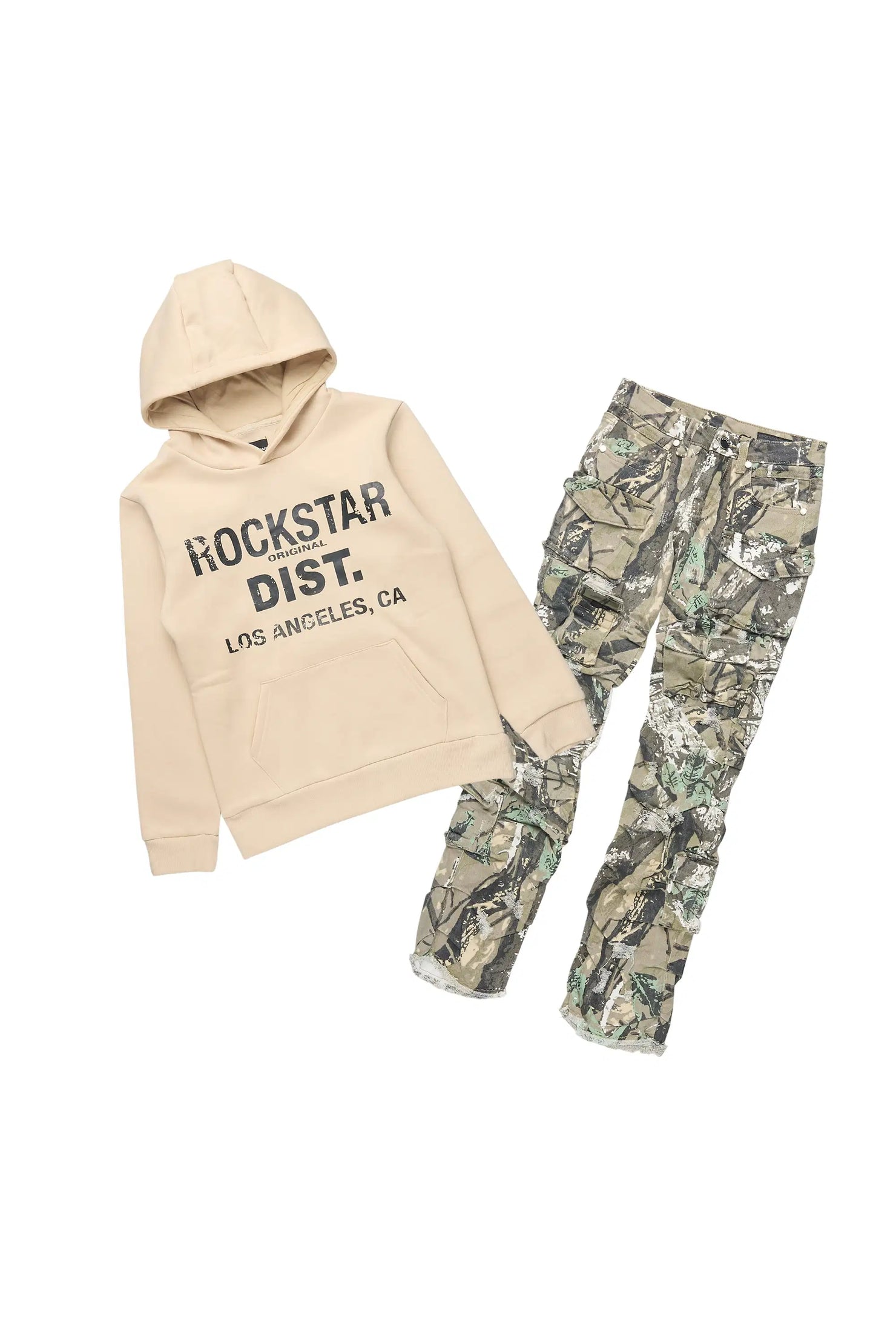 Boys Koen Beige Hoodie & Gentry Camo Tree Stacked Jean Set