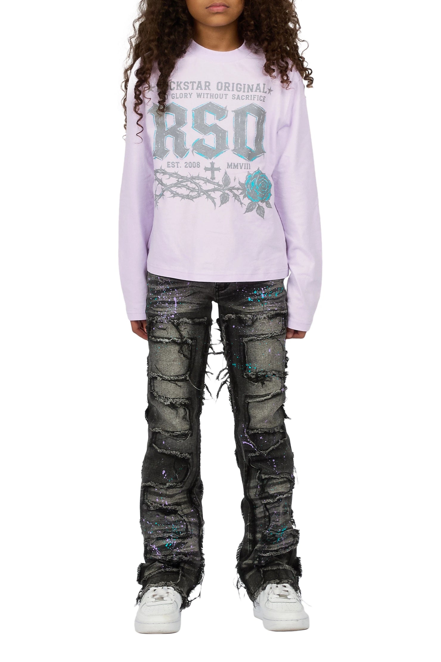 Girls Athena Lavender/Black Long Sleeve T-Shirt Stacked Painter Jean Set