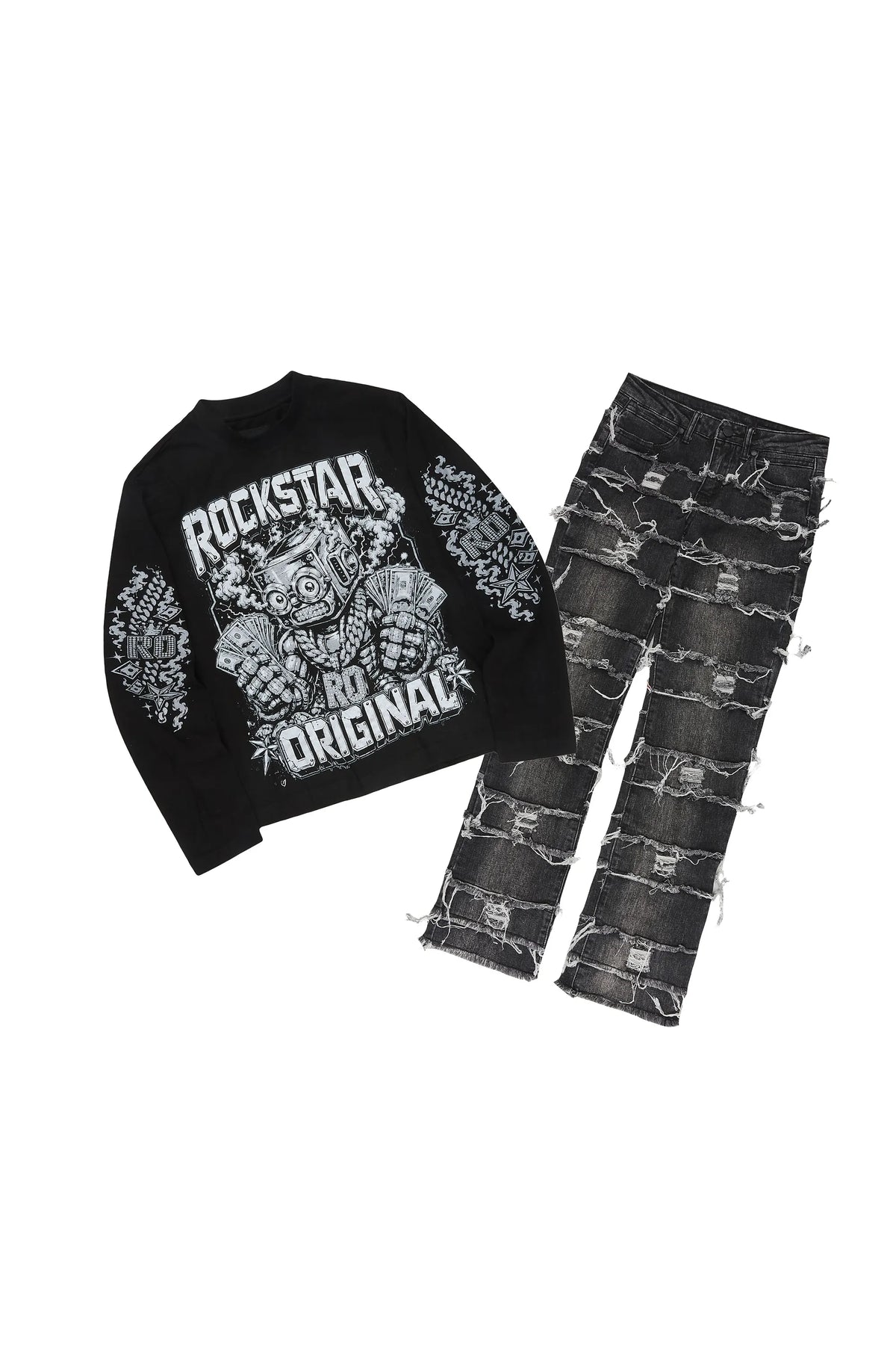 Boys Warrio Black Long Sleeve T-Shirt Stacked Frayed Jean Set