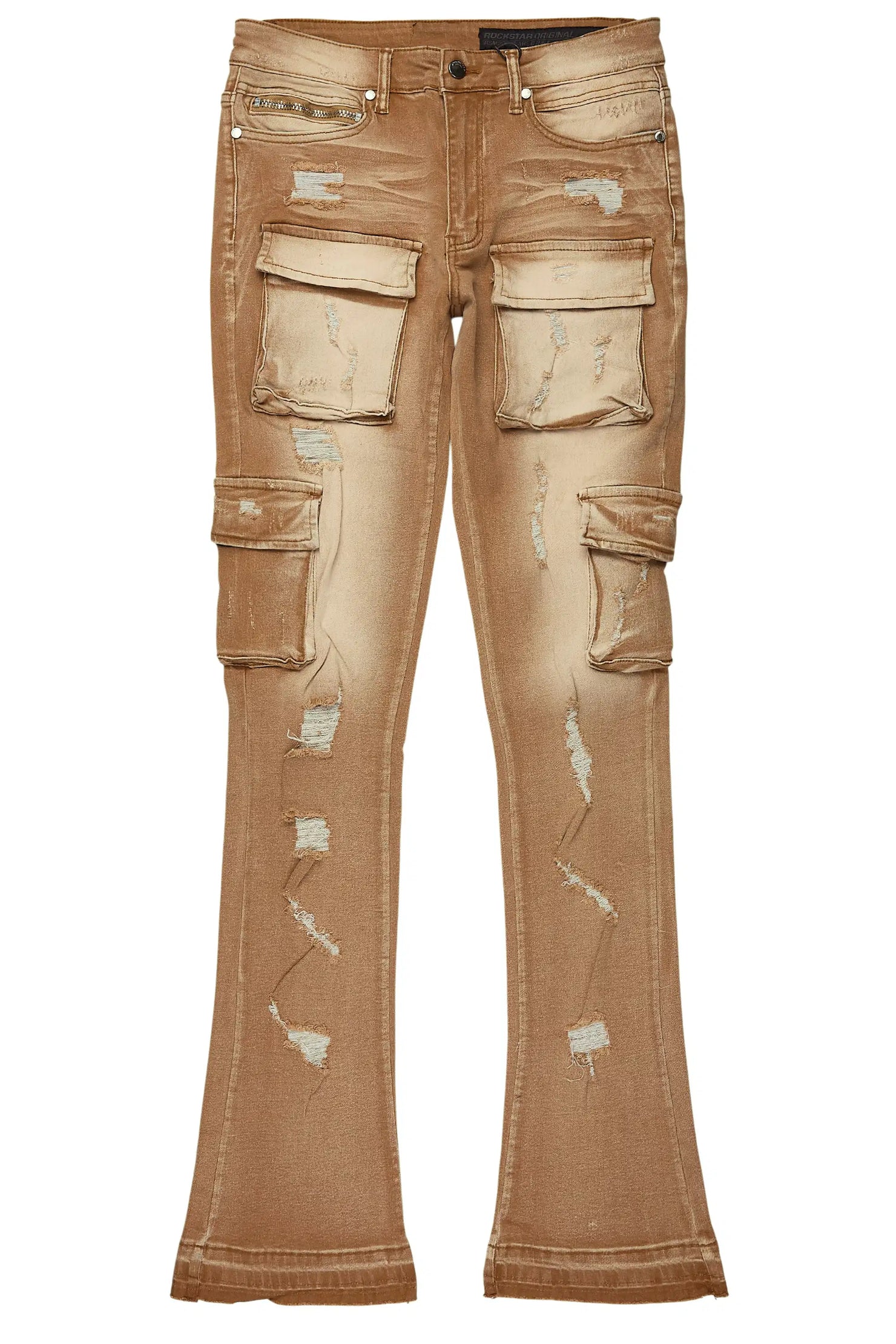 Zaid Washed Beige Stacked Flare Jean