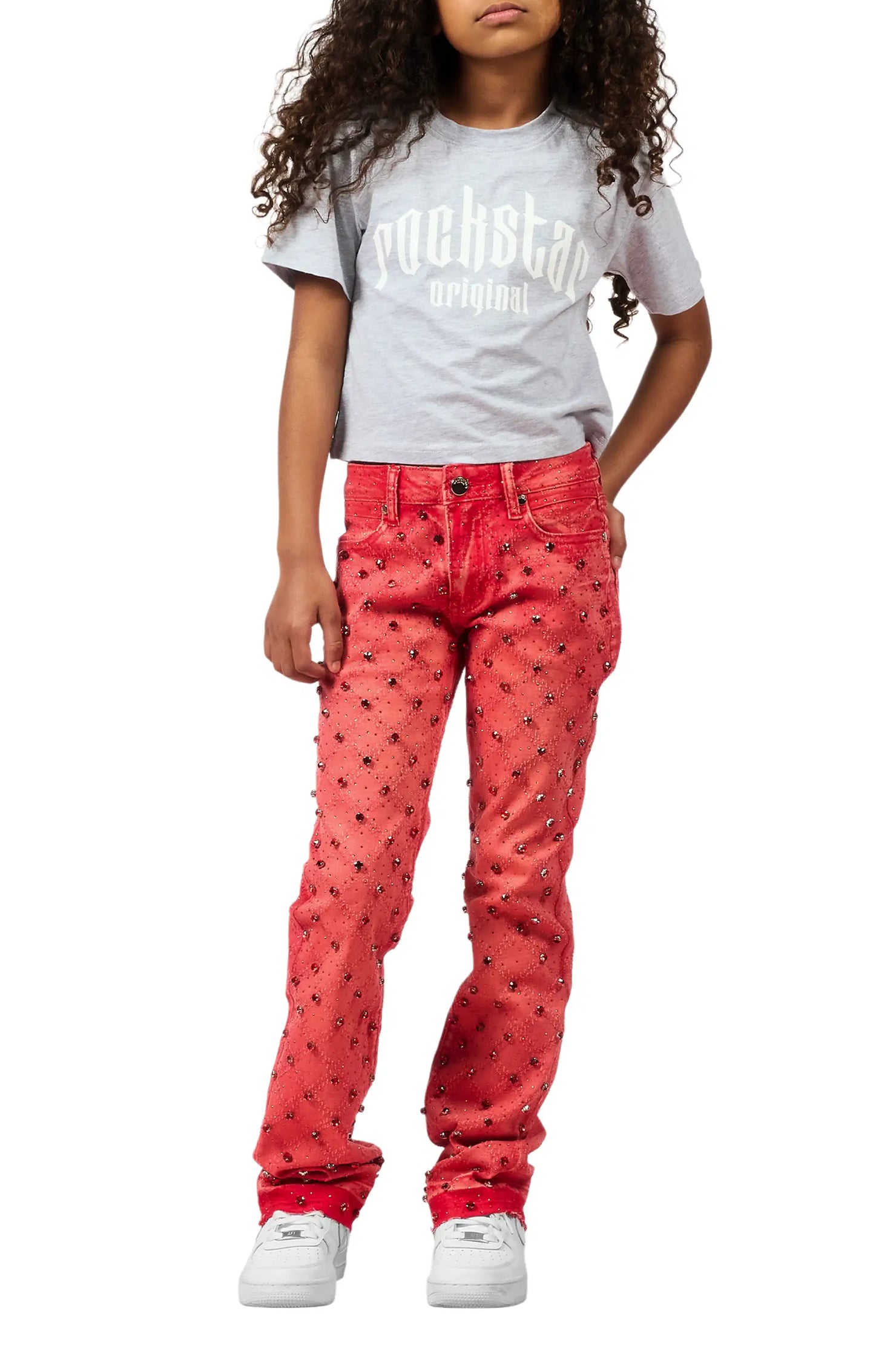 Girls Glit Red Rhinestone Stacked Flare Jean