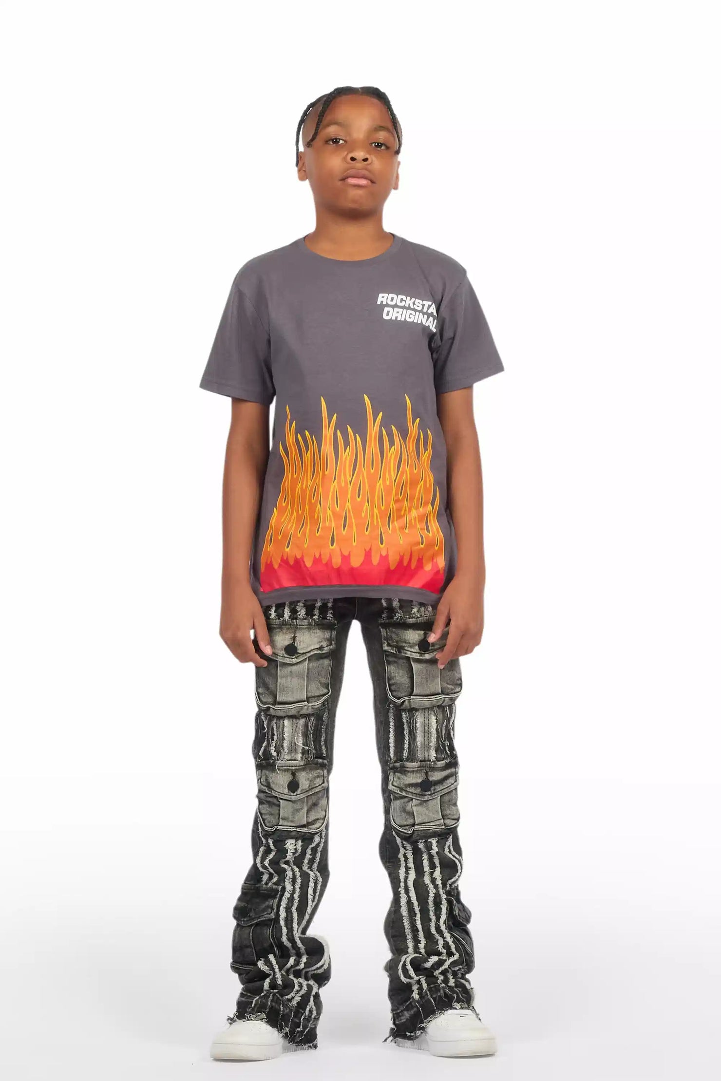 Boys Frey Black Stacked Flare Jean