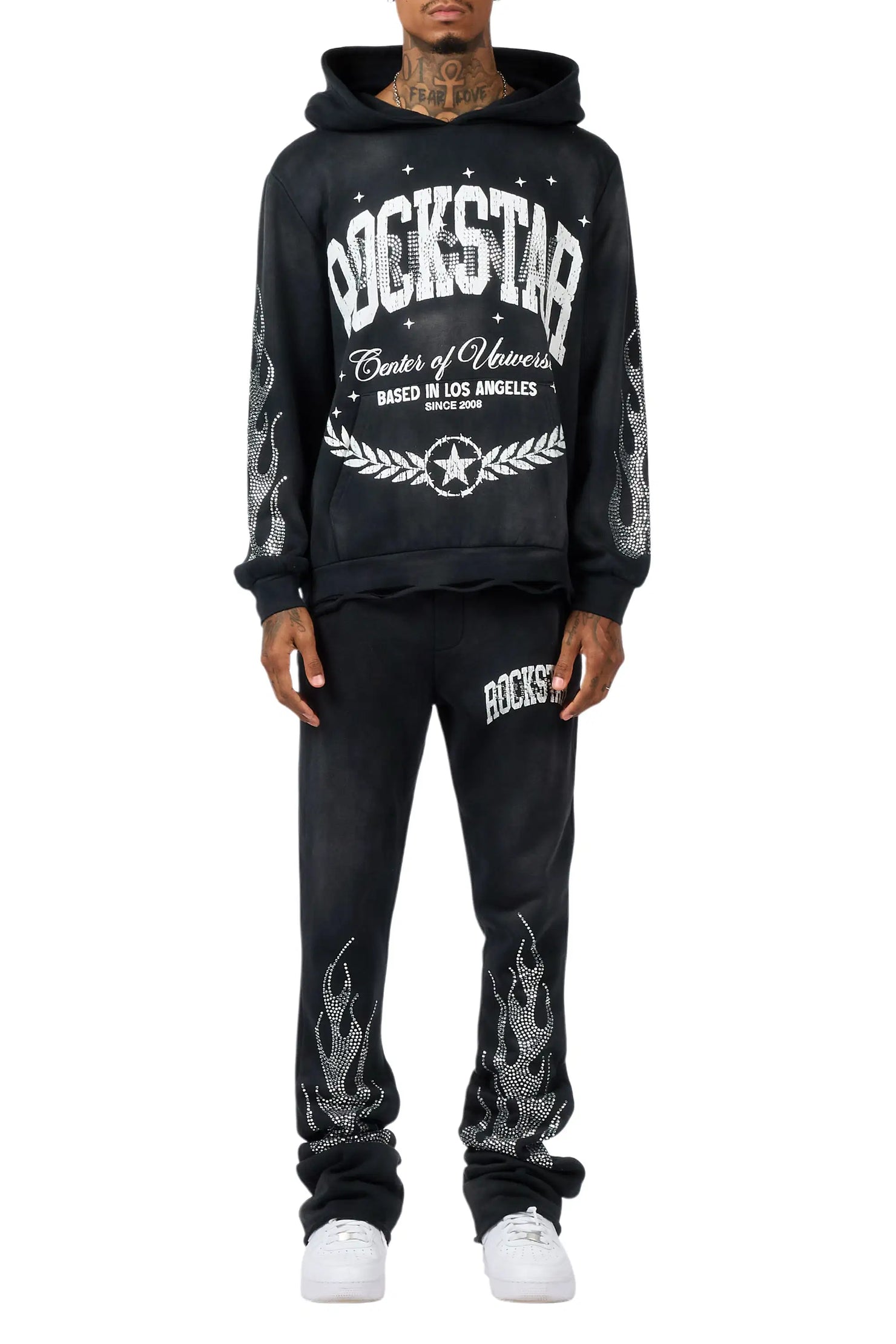 Strass Black Rhinestone Hoodie/Stacked Pant Track Set