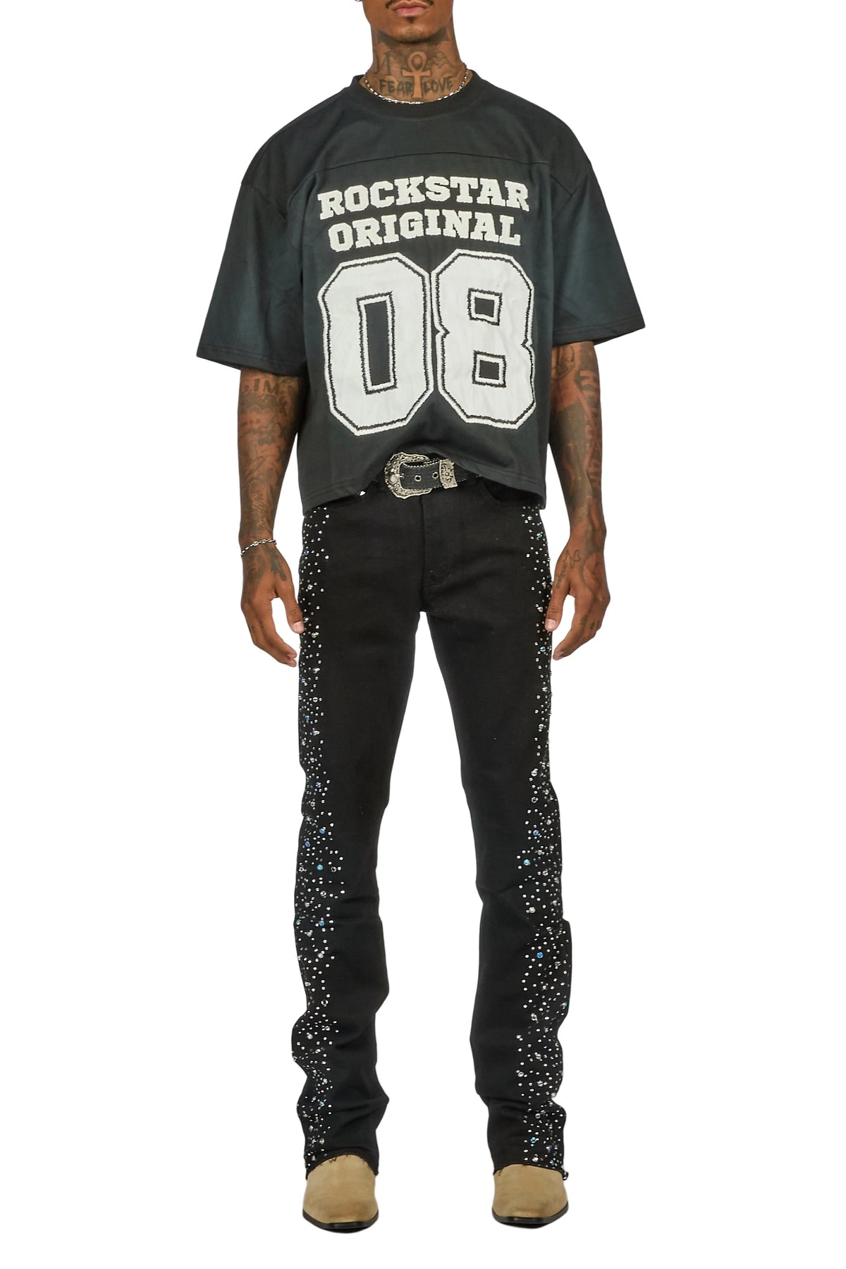 Monty Jet Black Rhinestone Studded Stacked Flare Jean