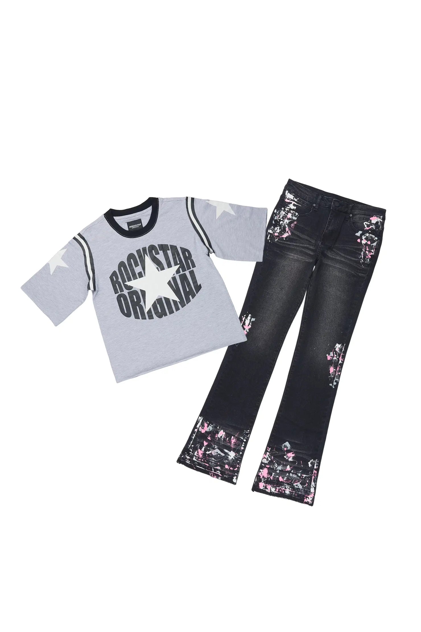 Girls Alora Grey/Dark Grey T-Shirt Stacked Jean Set