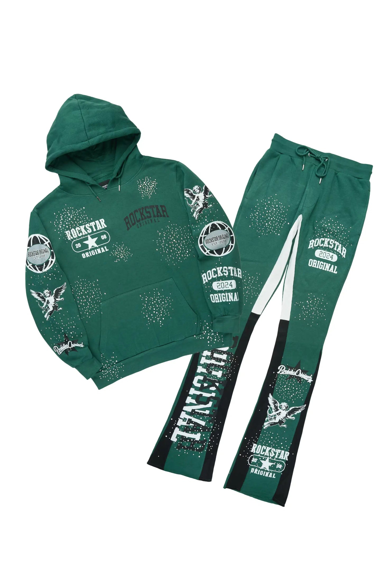Gutta 2.0 Hunter Green Rhinestone Hoodie/Stacked Flare Track Set