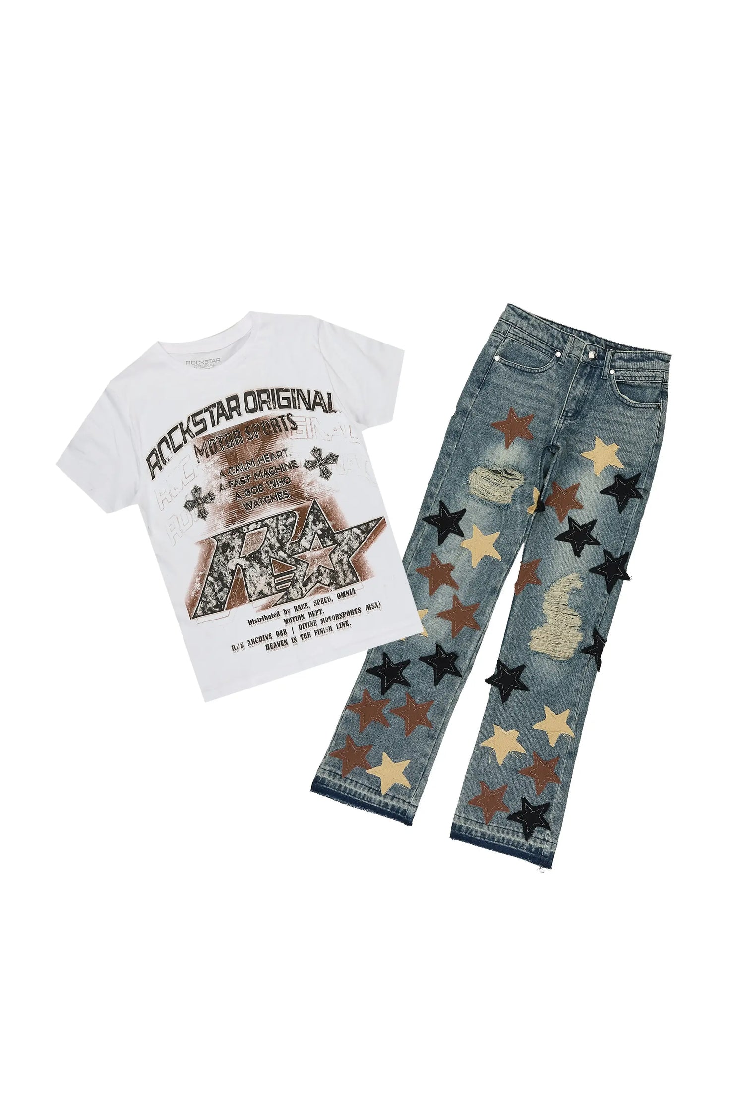Boys Byson White/Brown T-Shirt Patchwork Jean Set