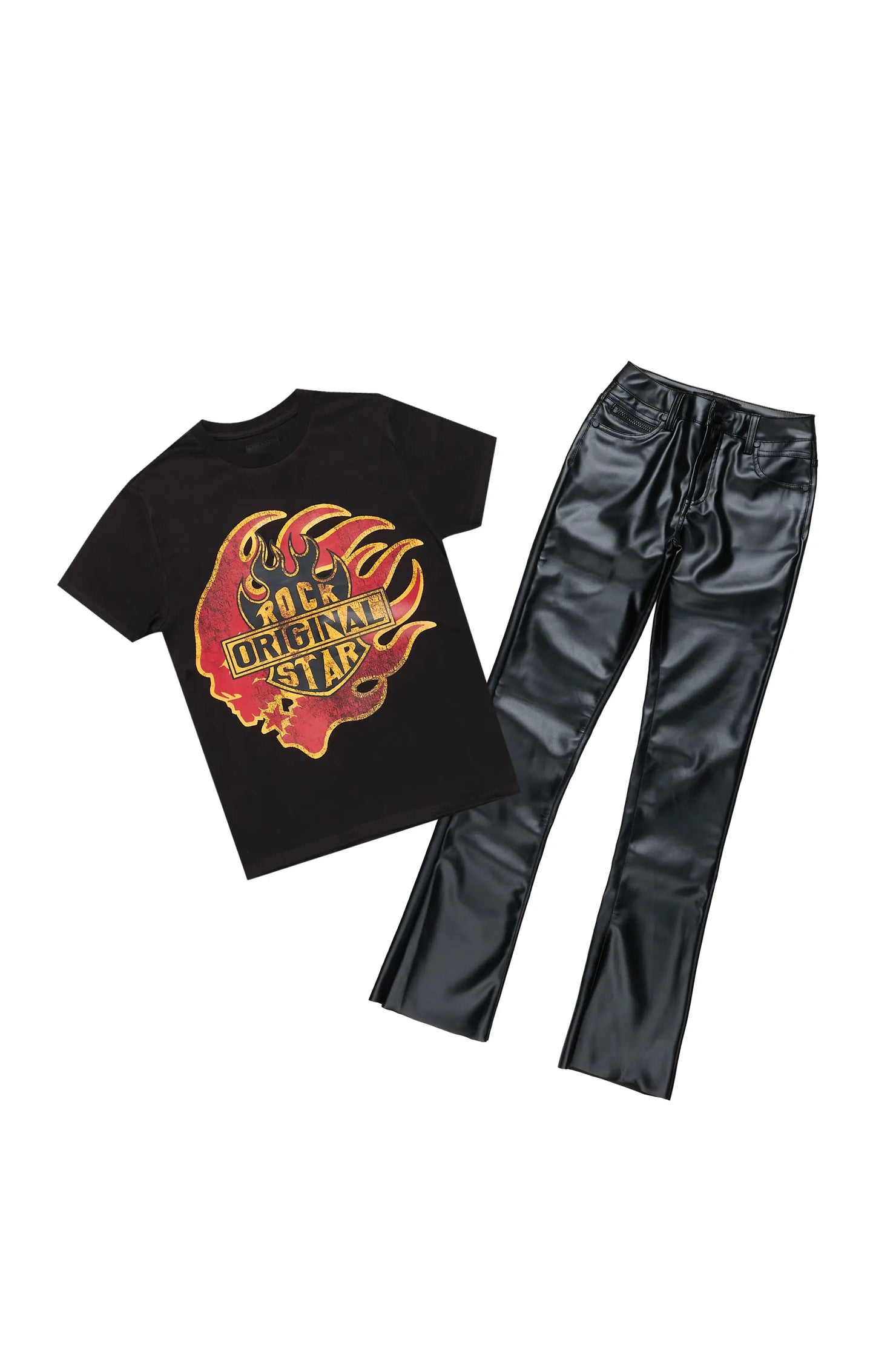 Boys Azai Black T-Shirt Super Stacked Flare PU Jean Set