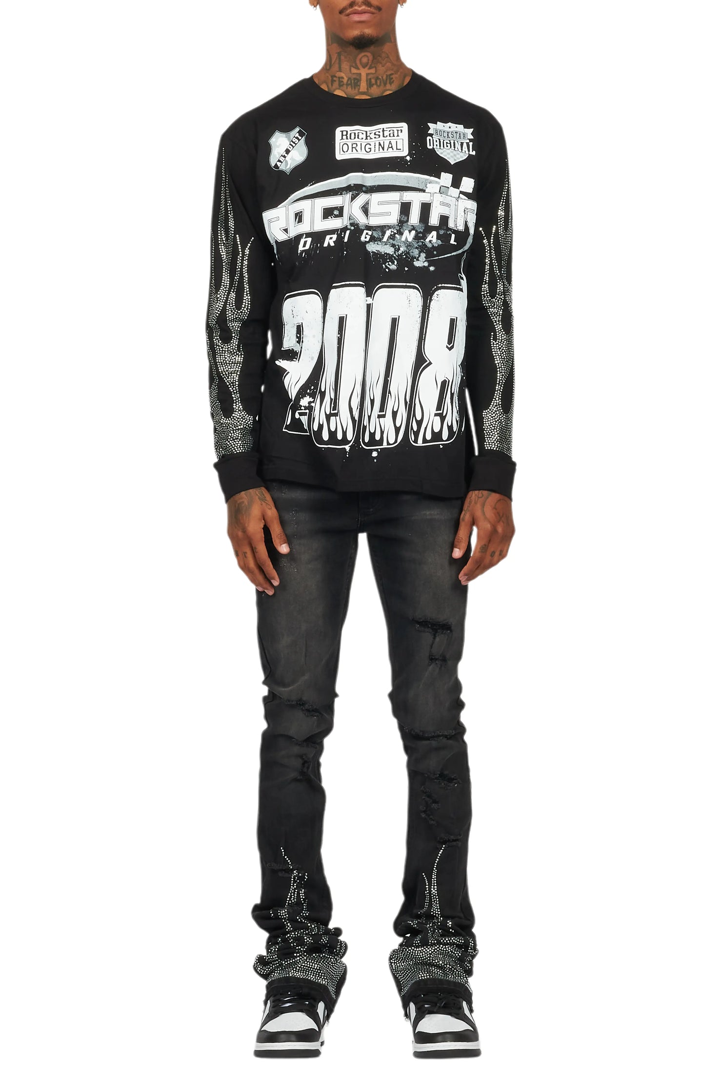 Amos Black Rhinestone Long Sleeve T-Shirt/Super Stacked Flare Jean Set