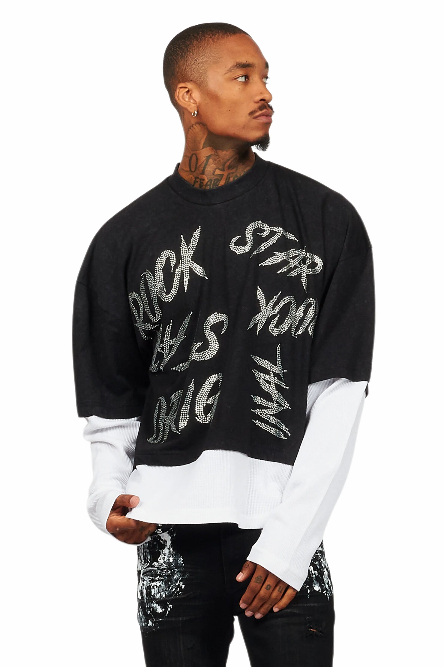 Bence Vintage Black Thermal Double Layer Boxy Crop T-Shirt