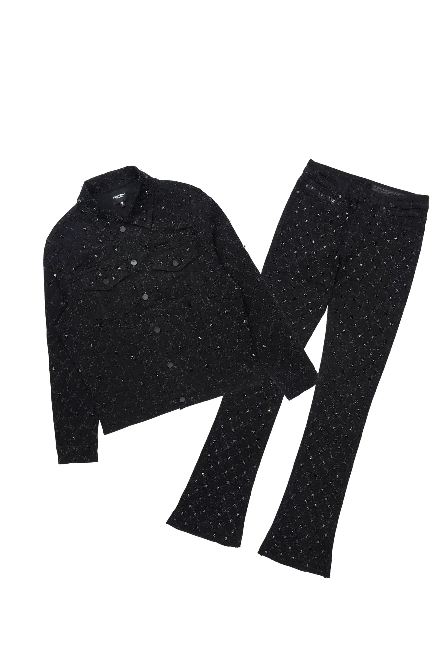 Glit Jet Black Rhinestone Denim Jacket/Stacked Flare Jean Set