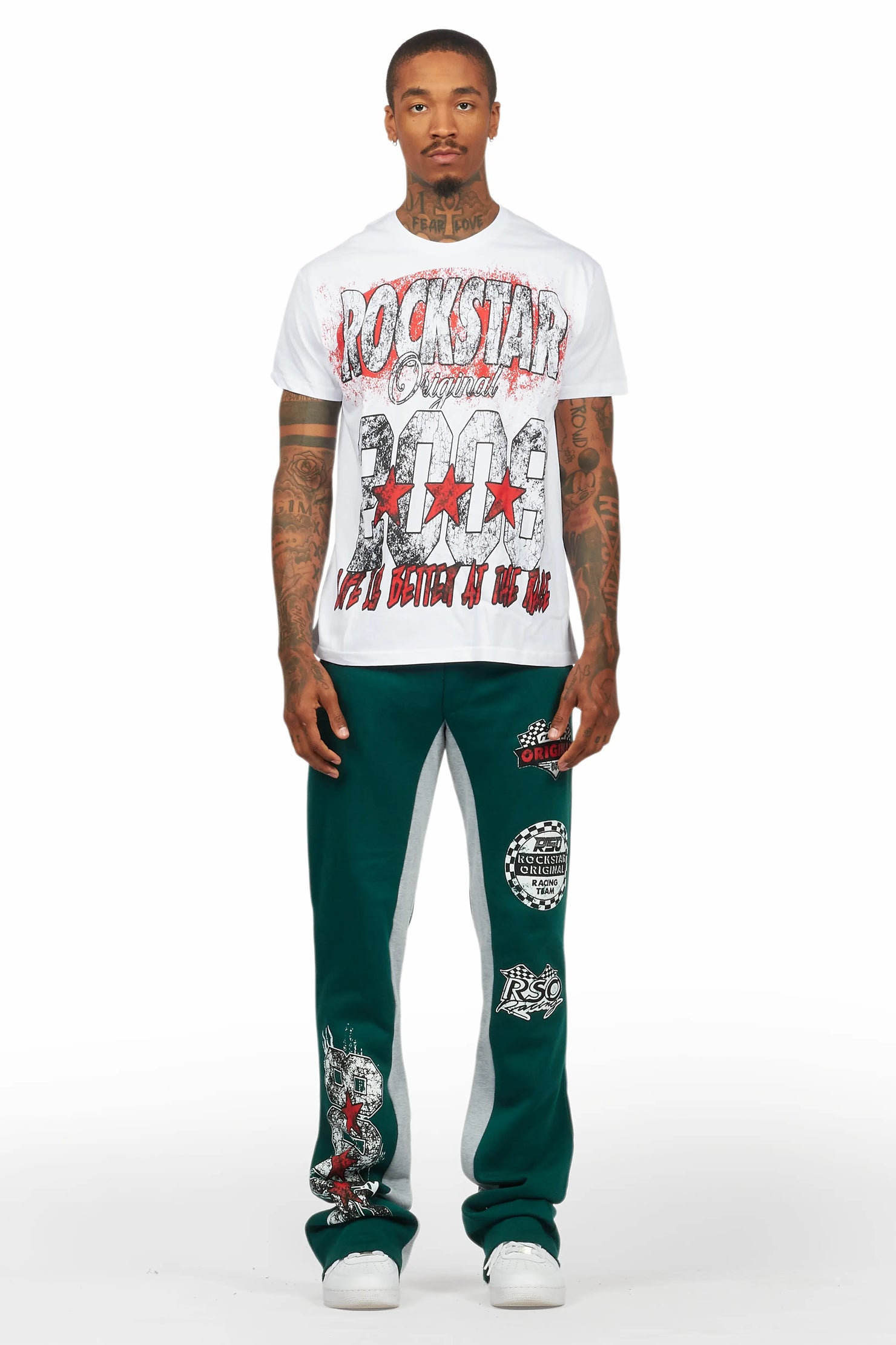 Racing Grung White/Green T-Shirt/Stacked Baggy Track Pant Set