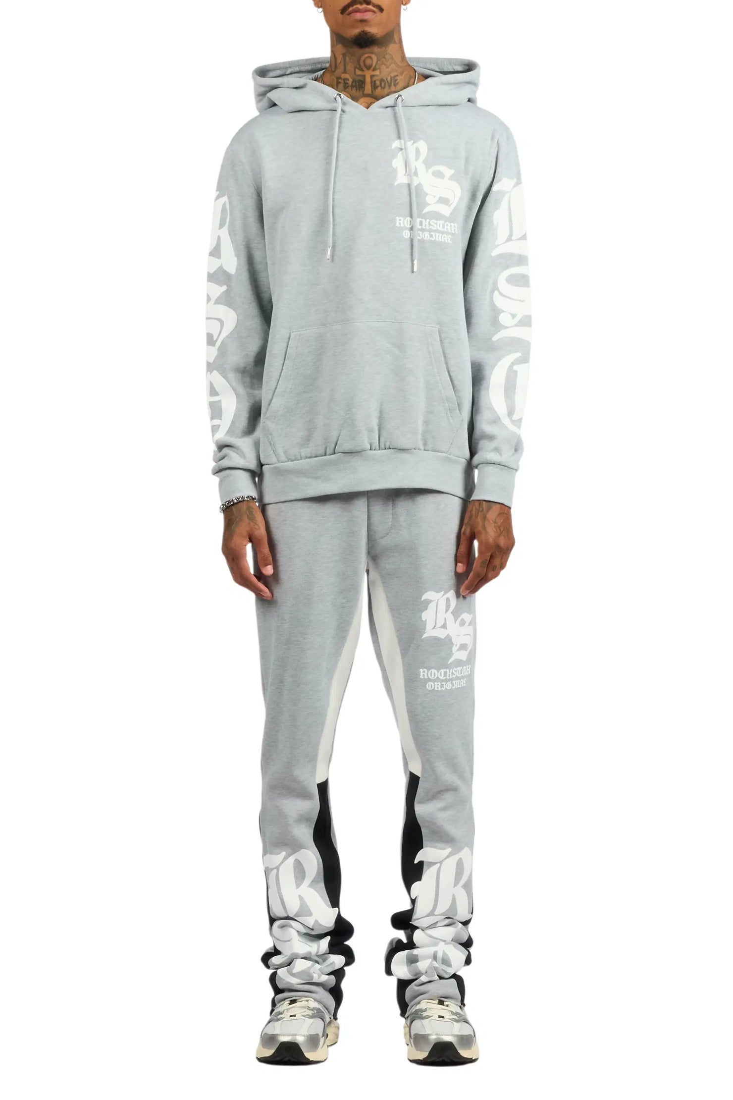 Hedeon Heather Grey/White Hoodie/Stacked Flare Track Set