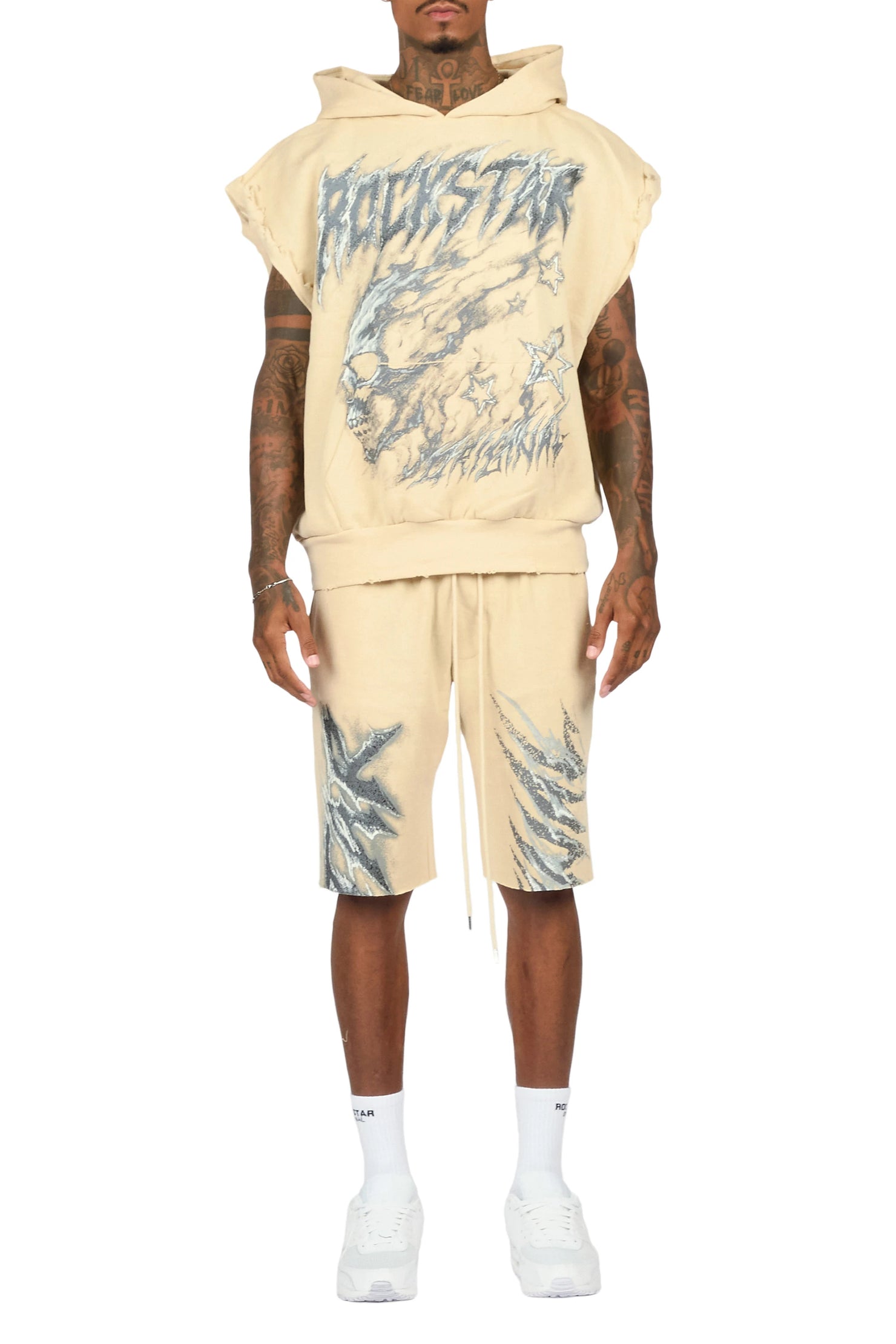 Jantra Beige Cut Sleeve Hoodie Short Set