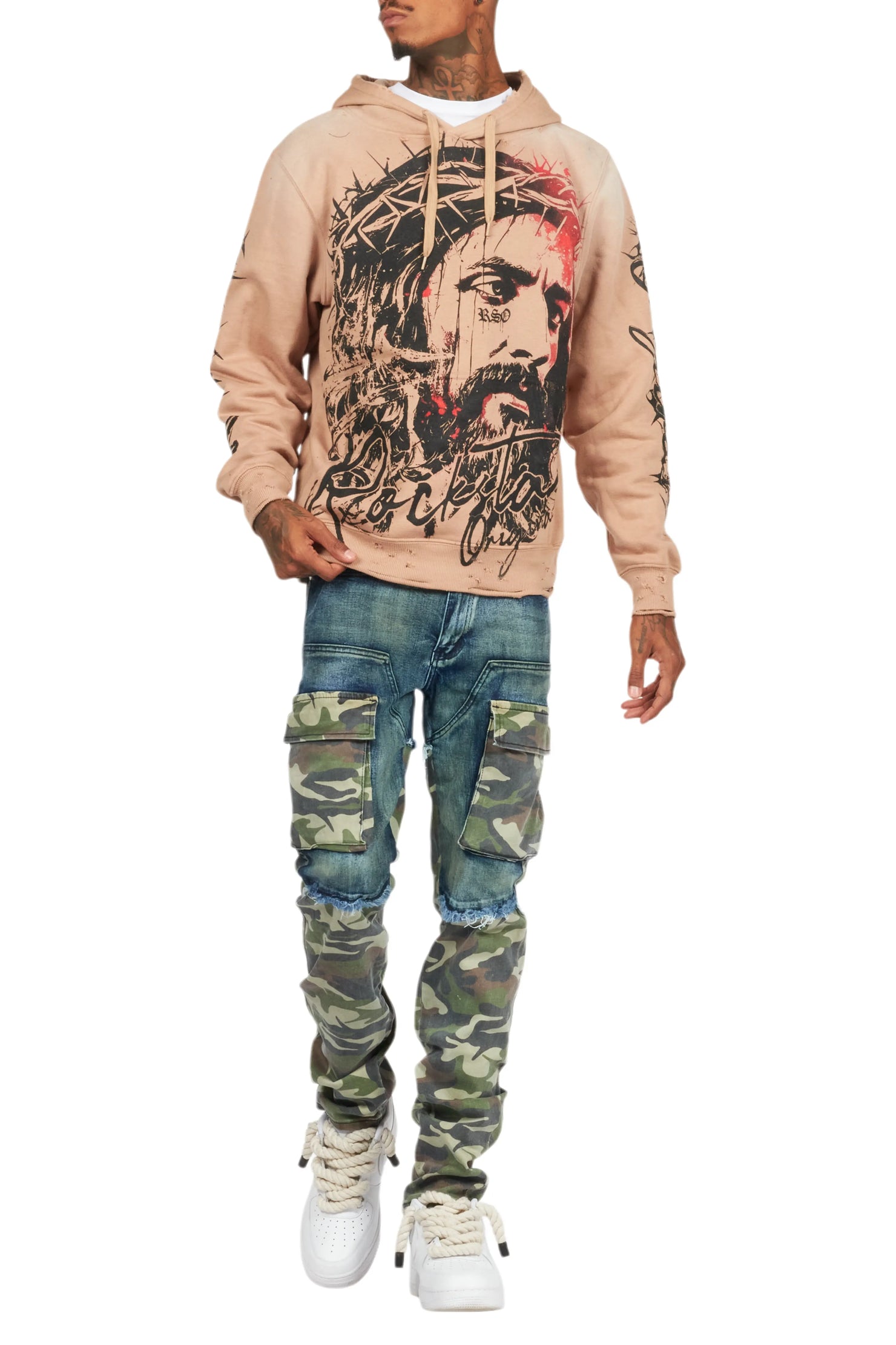 Bedros Khaki Graphic Distressed Hoodie