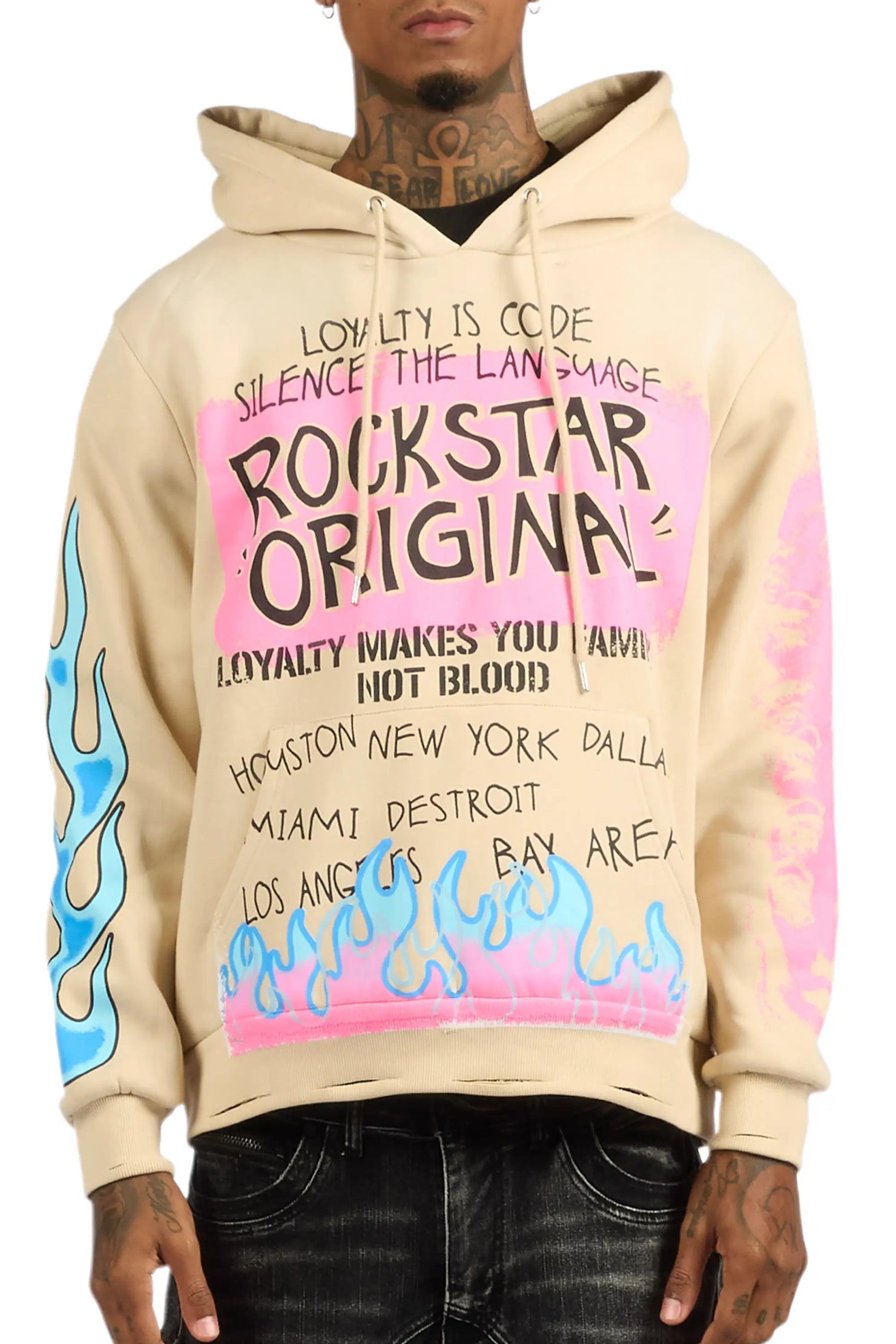 Beno Beige Distressed Graphic Relaxed Hoodie