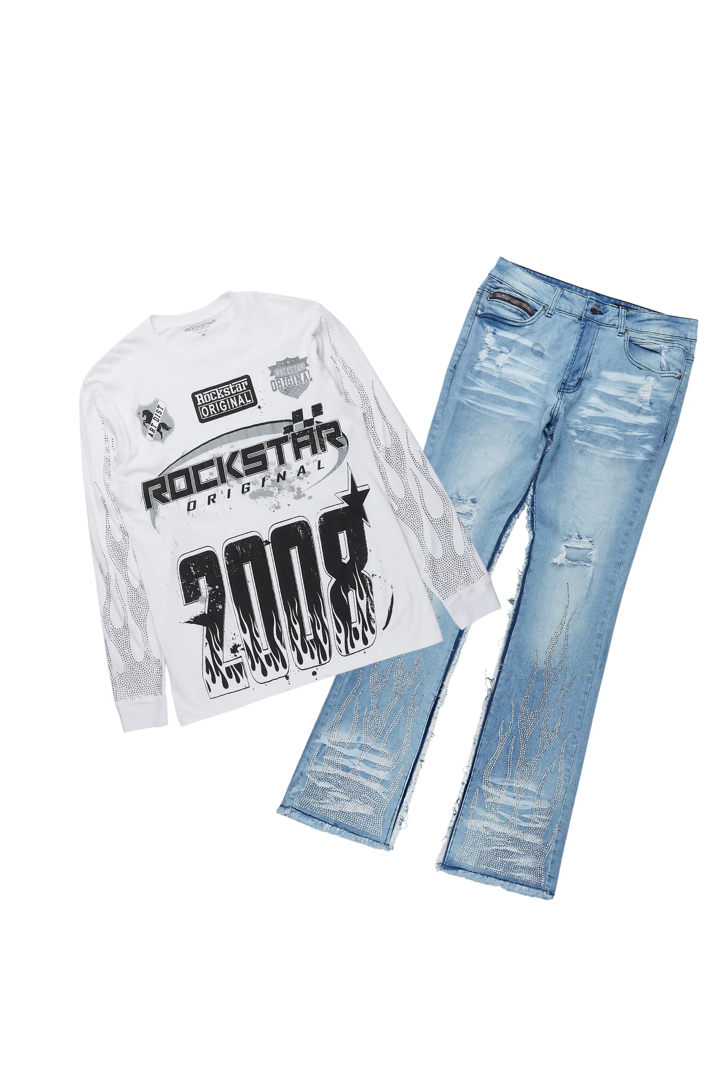 Amos White/Blue Rhinestone Long Sleeve T-Shirt/Stacked Flare Jean Set
