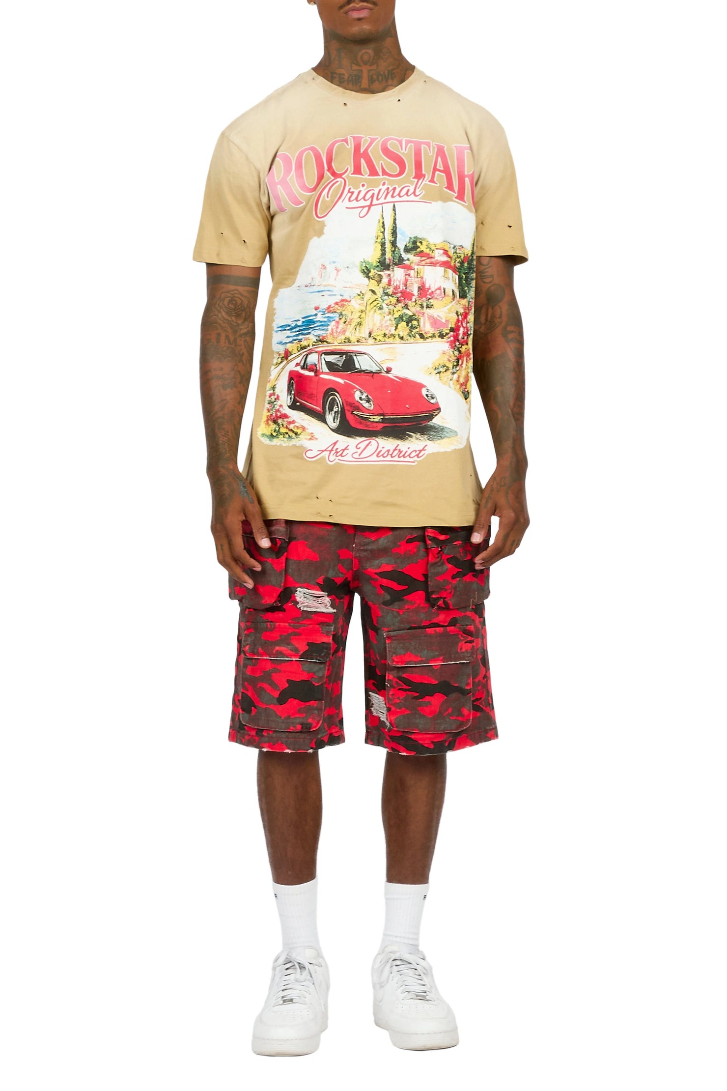 Savion Red Camo Denim Short