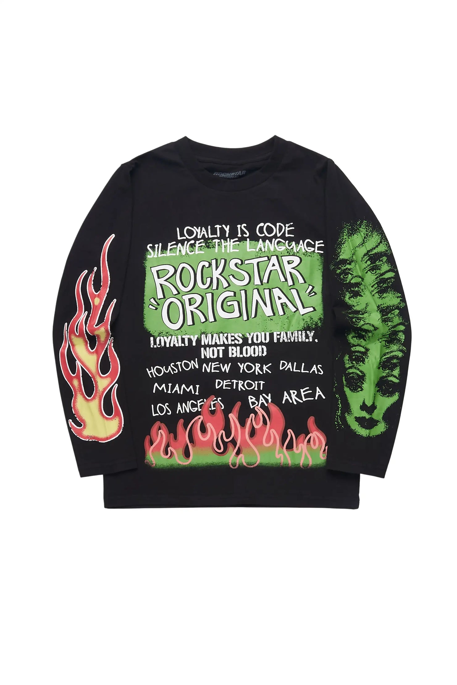 Boys Beno Black/Green Long Sleeve Graphic T-Shirt
