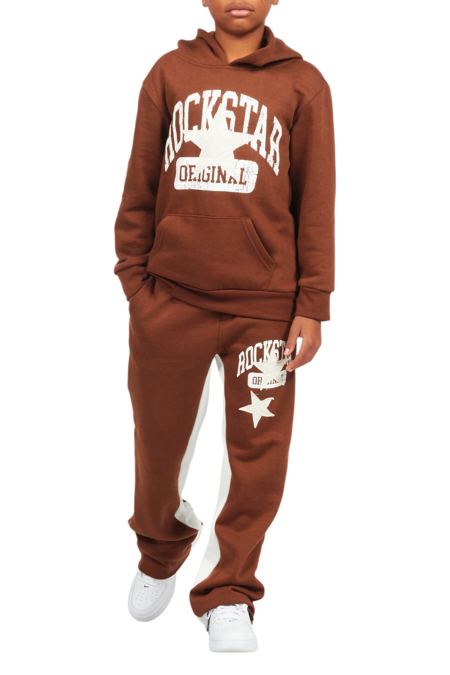 Boys Mallor Brown Baggy Stacked Hoodie Track Set