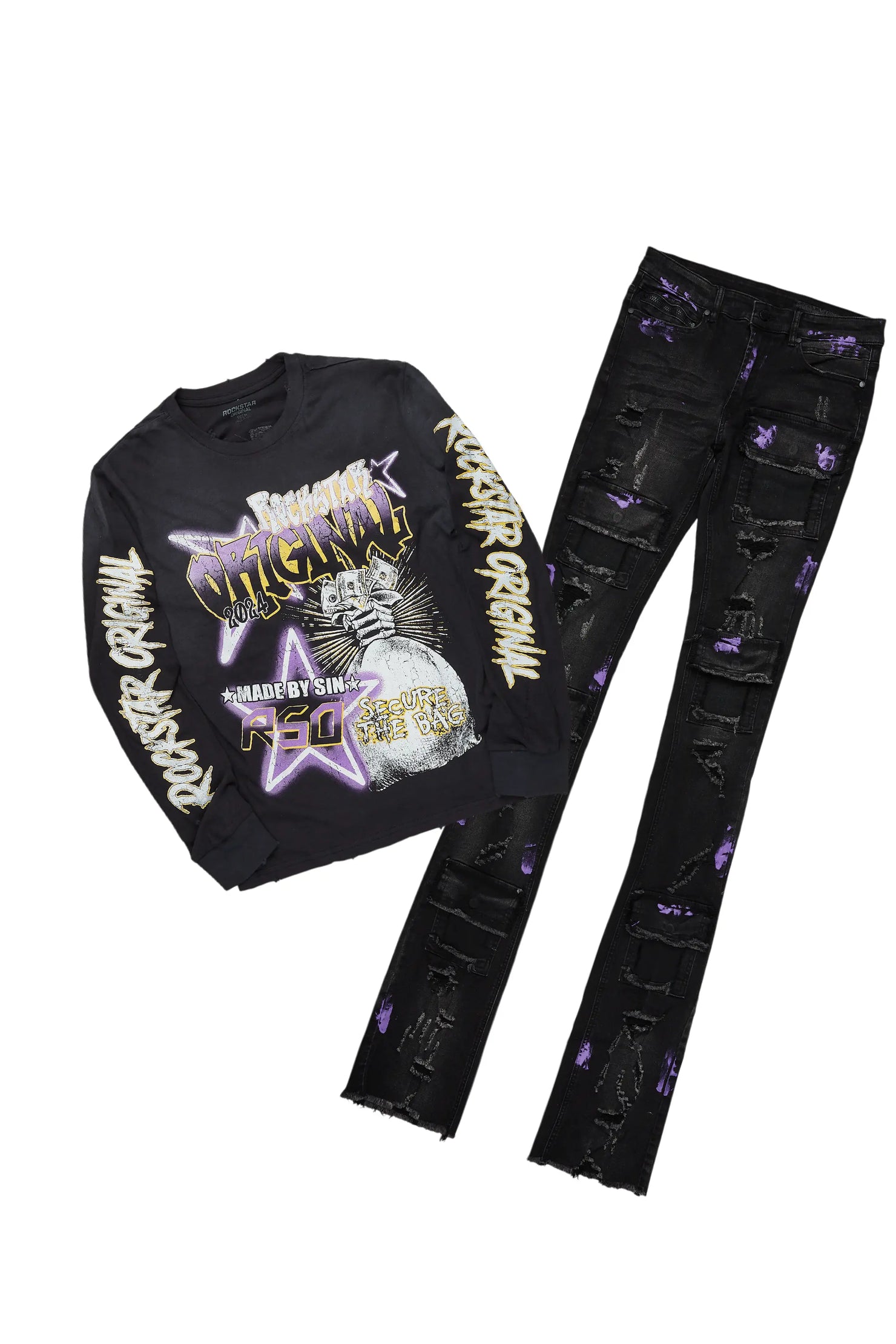 Amelie Black Long Sleeve T-Shirt/Stacked Flare Jean Bundle