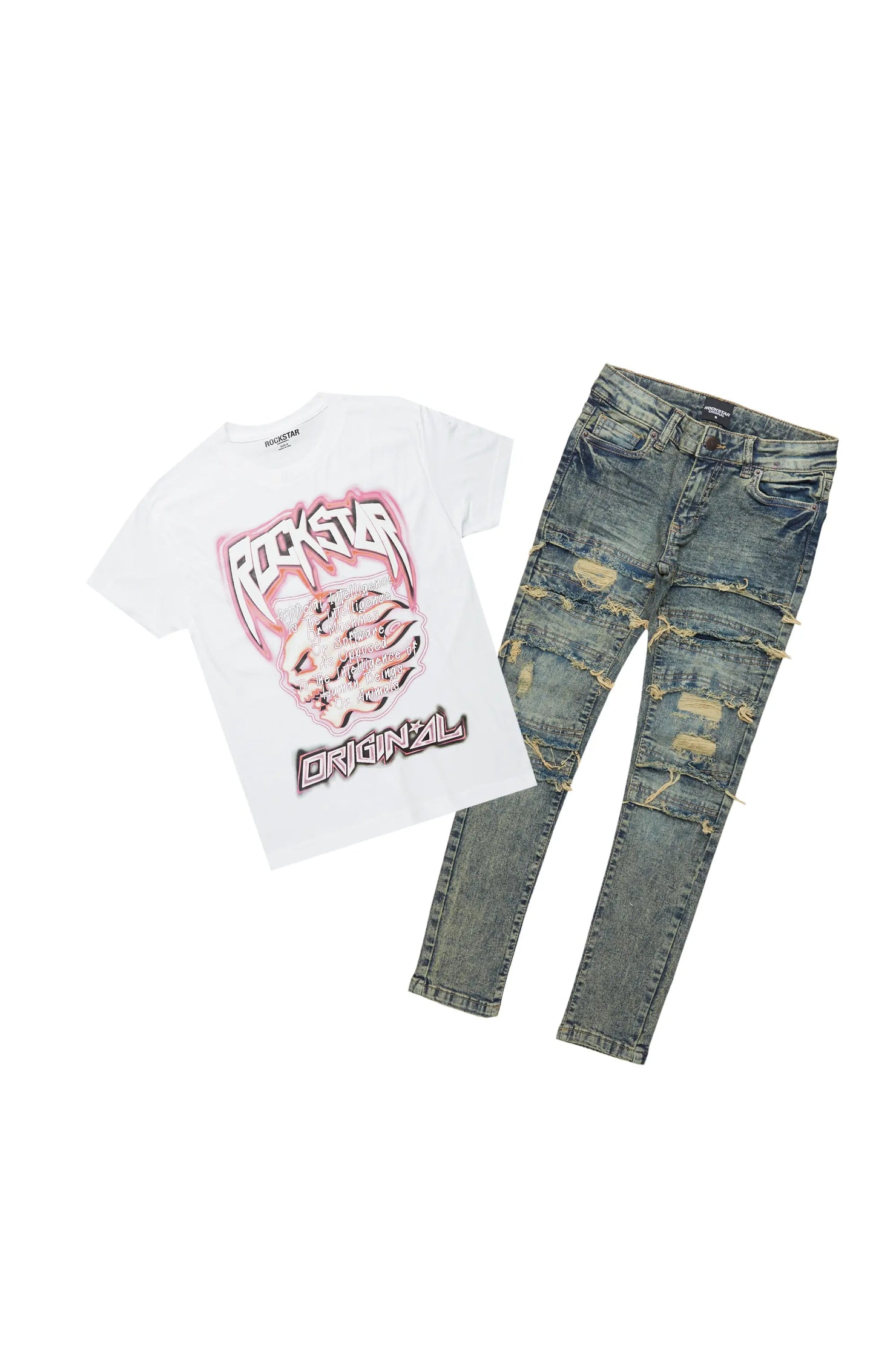 Boys Yates White/Light Blue T-ShirT/Frayed Jean Set