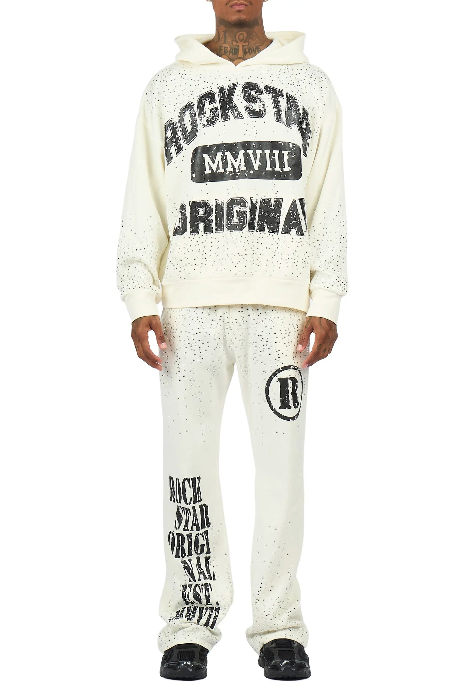 Borya Bone/Black Rhinestone Hoodie Relaxed Track Set