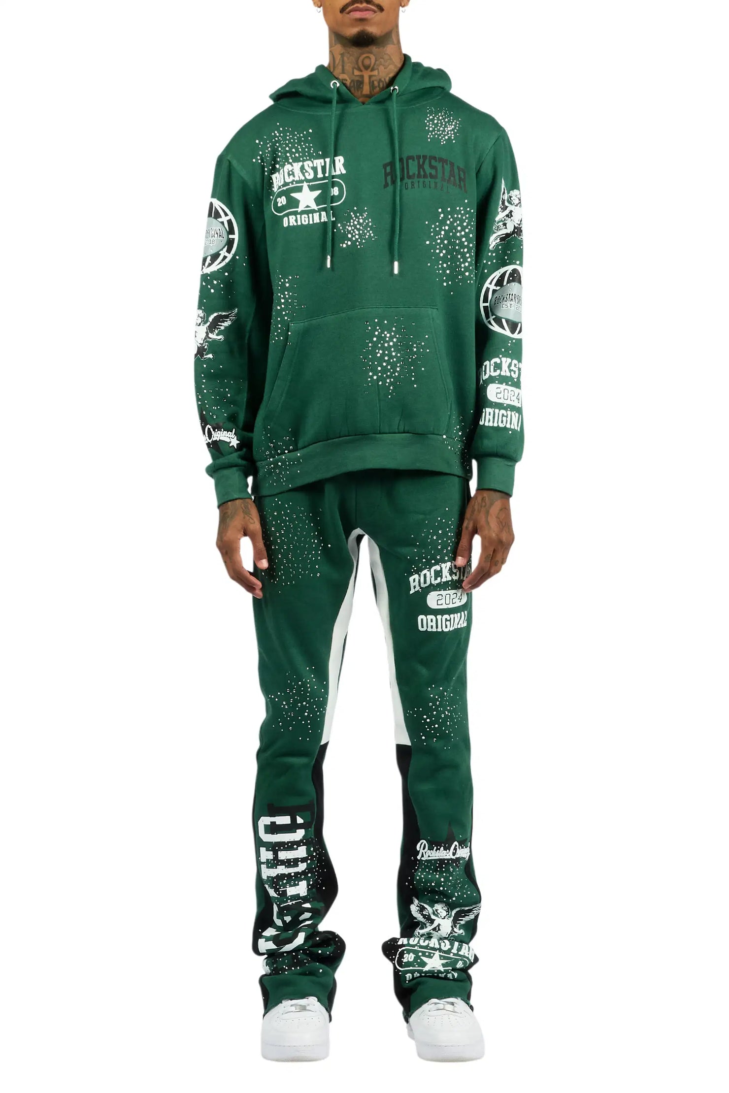 Gutta 2.0 Hunter Green Rhinestone Hoodie/Stacked Flare Track Set