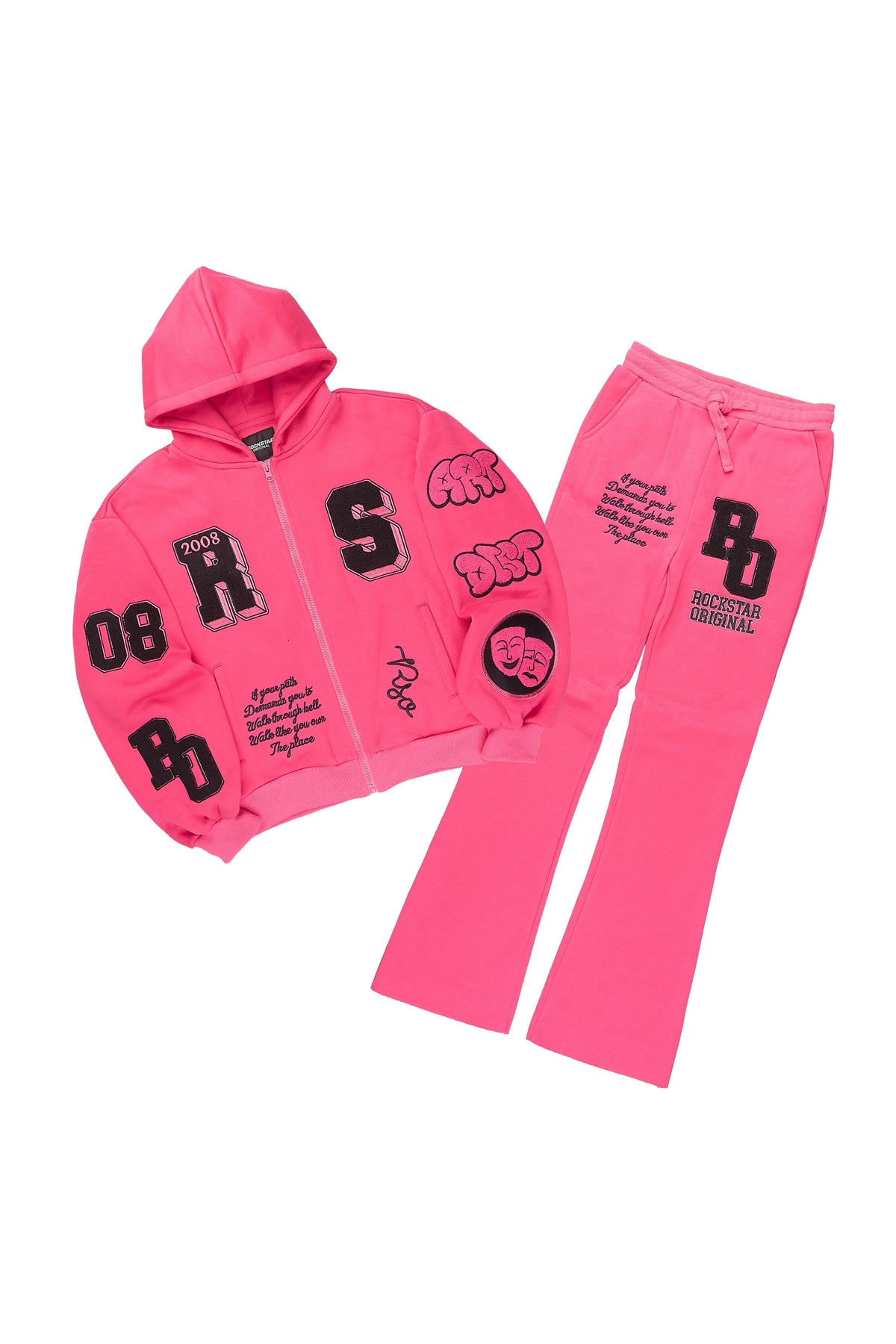Girls Leslee Pink/Black Hoodie/Stacked Flare Track Set