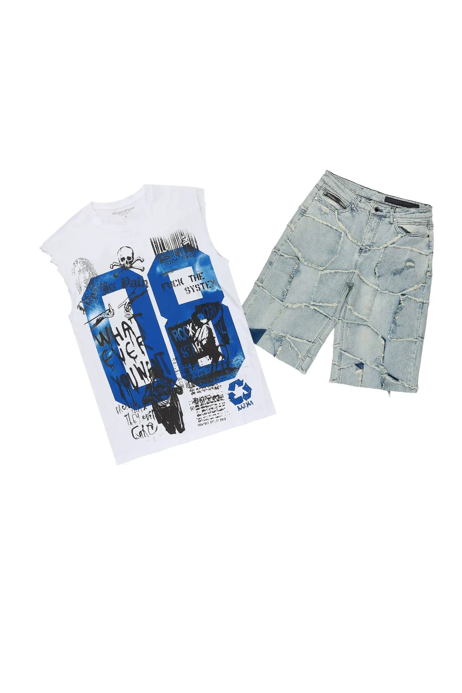 Grill 3.0 White/Blue Oversized Graphic T-Shirt & Jacomus Denim Short Set