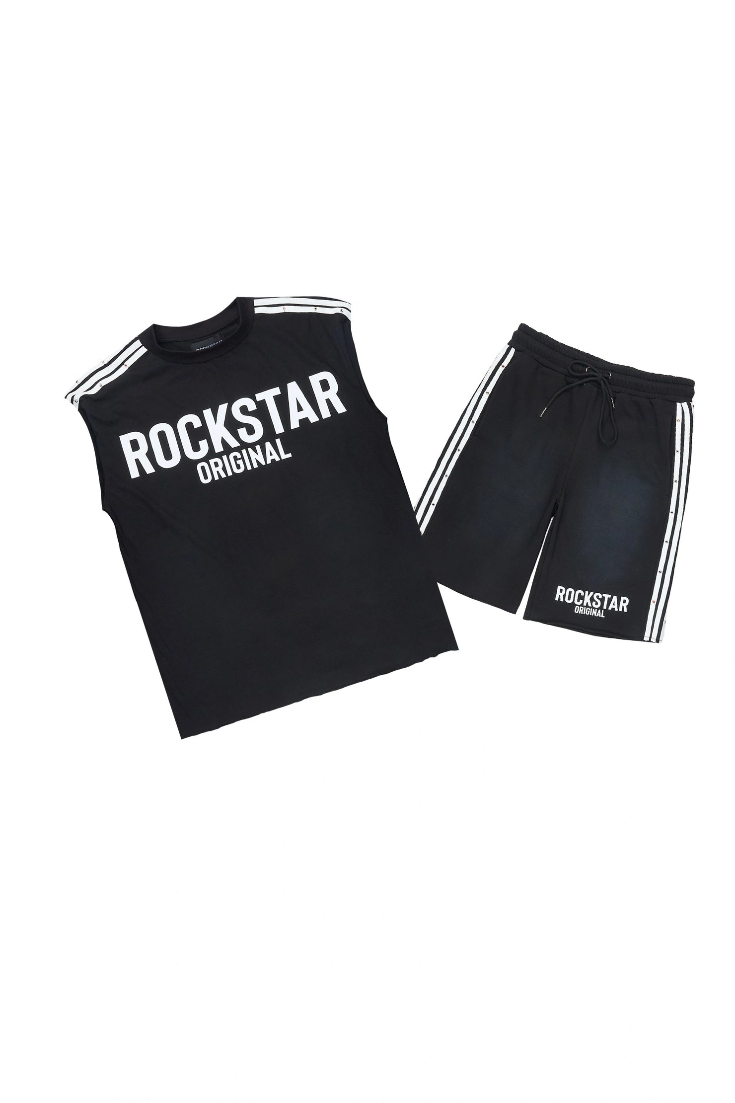 Gulis Black Rhinestone Cut Sleeve T-Shirt Short Set