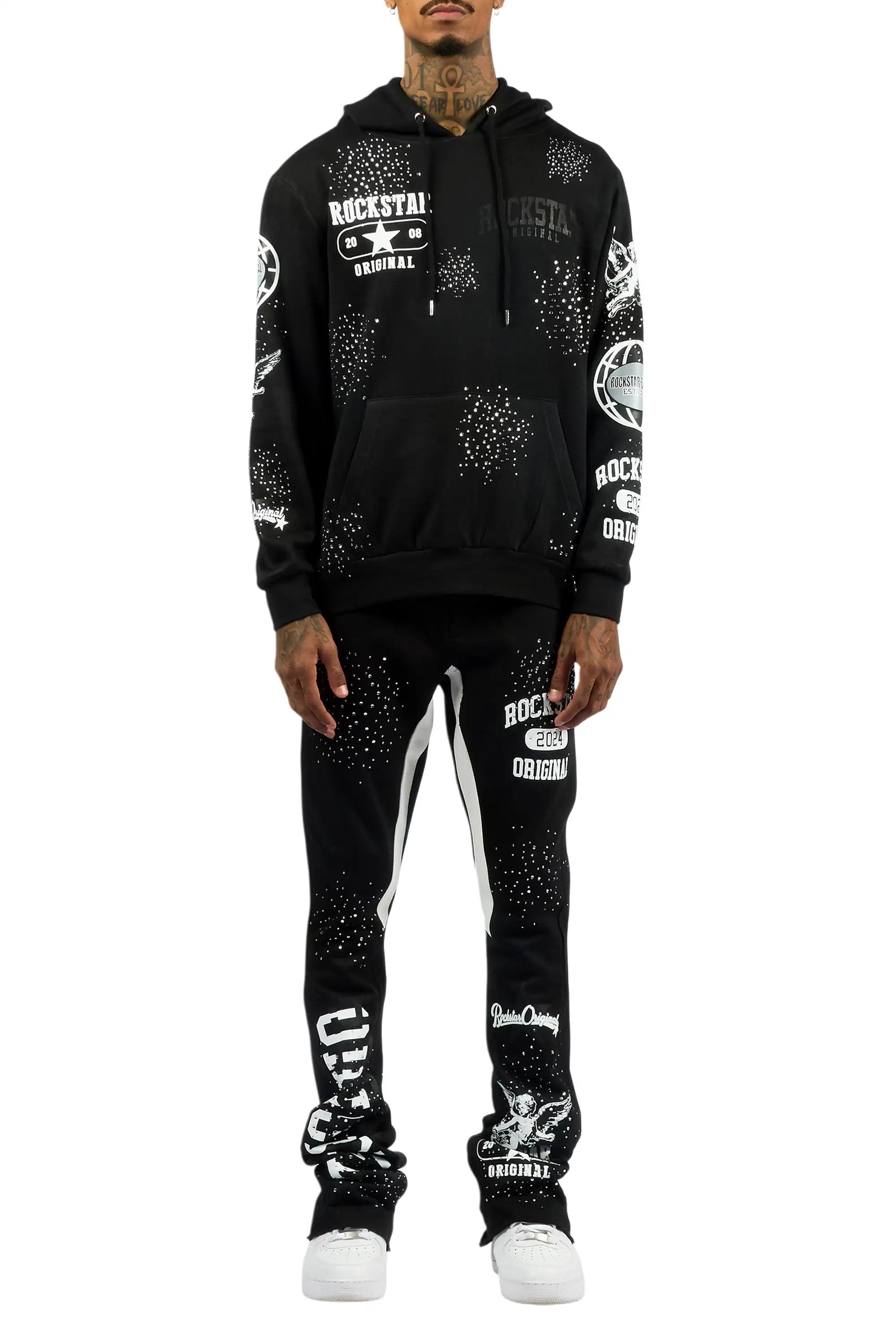 Gutta 2.0 Black Rhinestone Hoodie/Stacked Flare Track Set