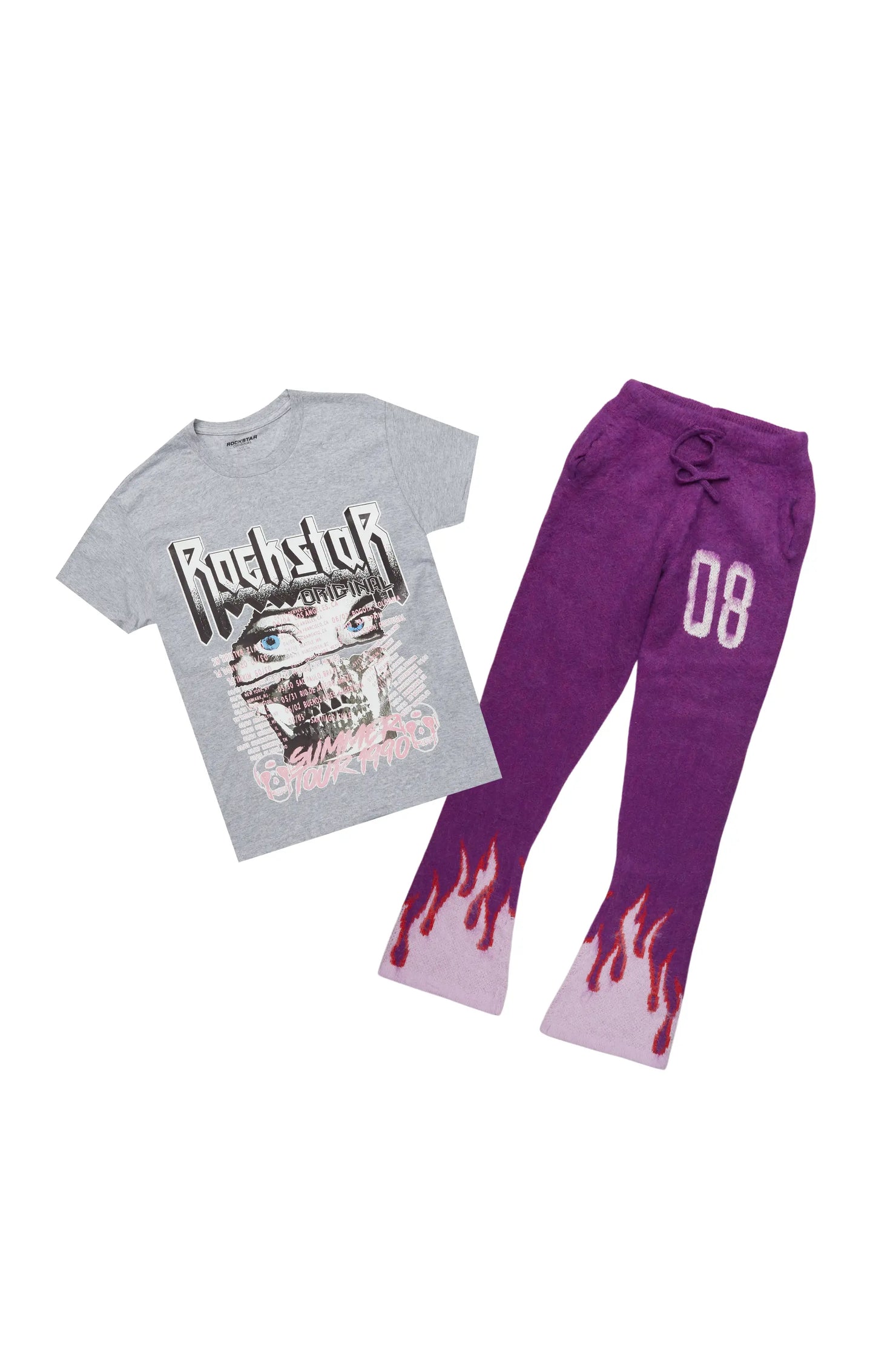 Girls Summer Grey/Pink T-Shirt/Mohair Stacked Pant Set