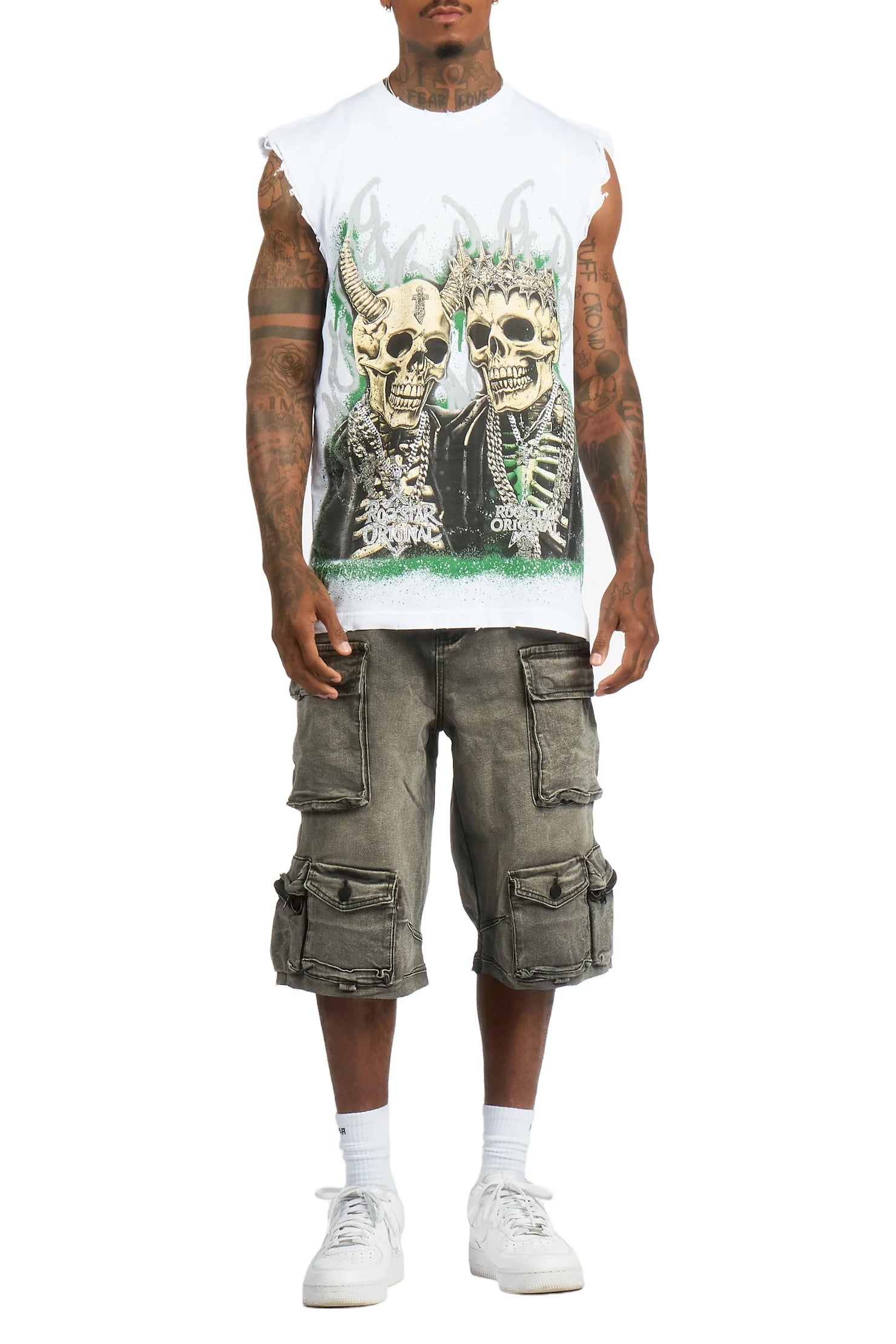 Kingston White/Grey Graphic T-Shirt & Mahesh Baggy Cargo Jean Short Set