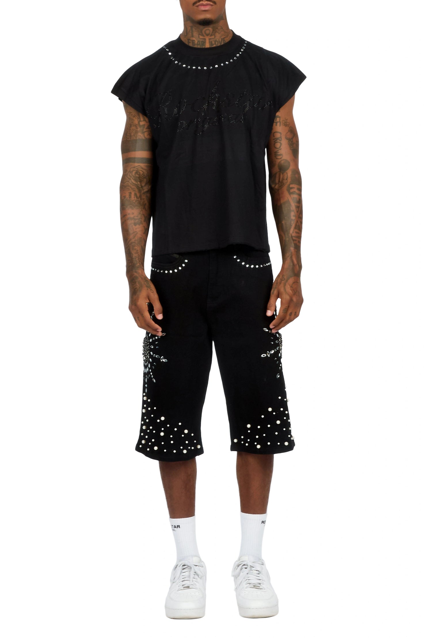 Tryst Black Rhinestone Cut Sleeve T-Shirt Denim Short Set