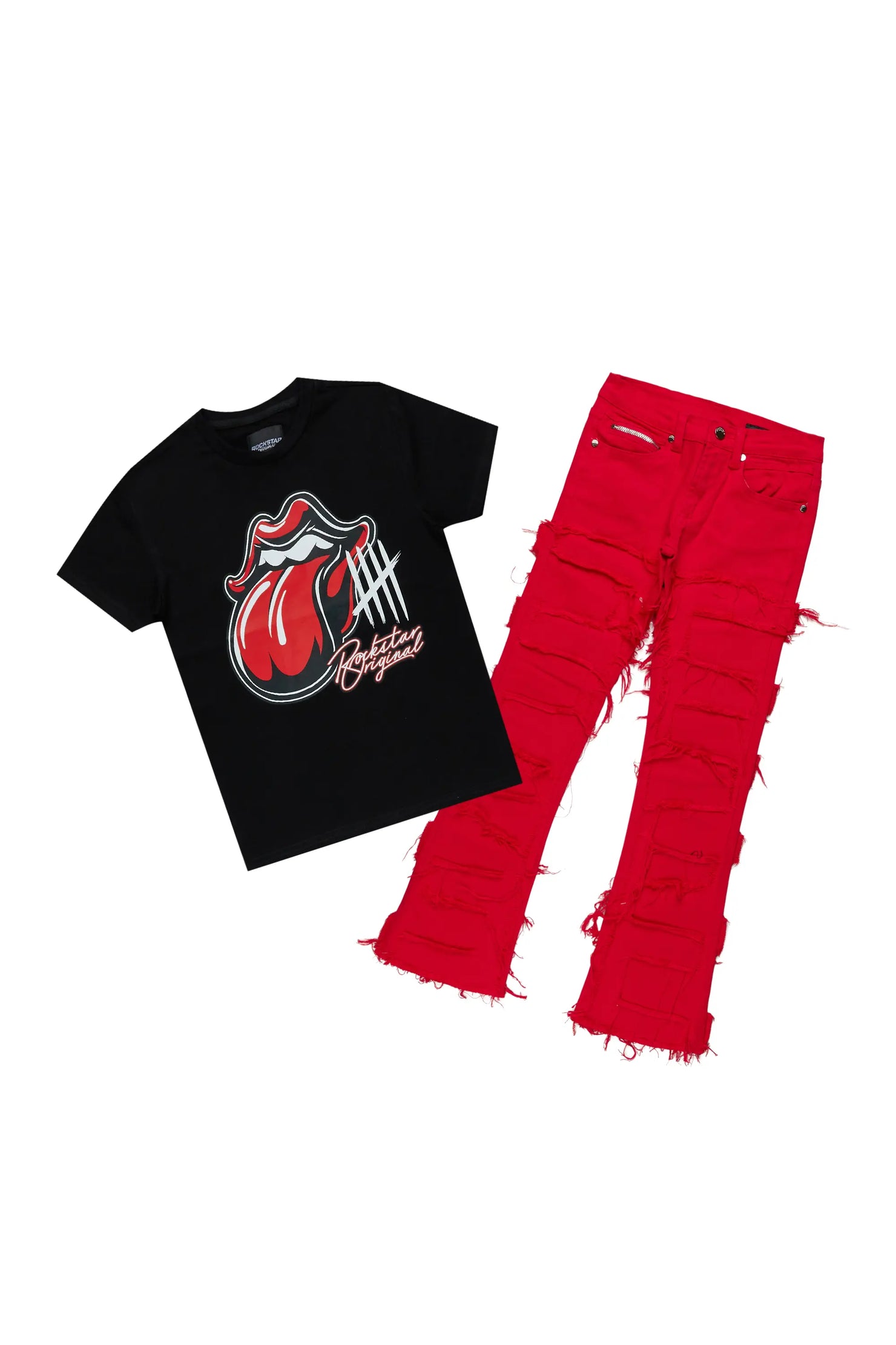 Girls Luna Black/Red T-Shirt/Stacked Flare Jean Set