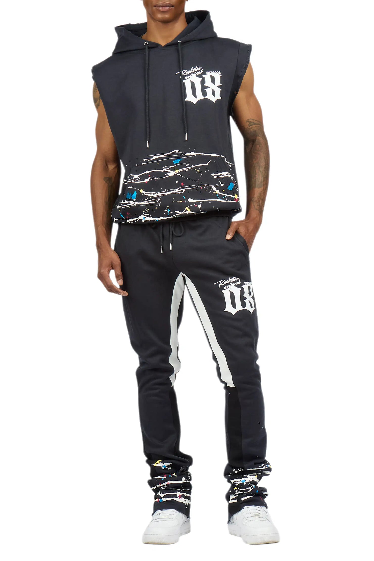 Horia Charcoal/Multi Cut Sleeve Hoodie/Stacked Pant Track Set