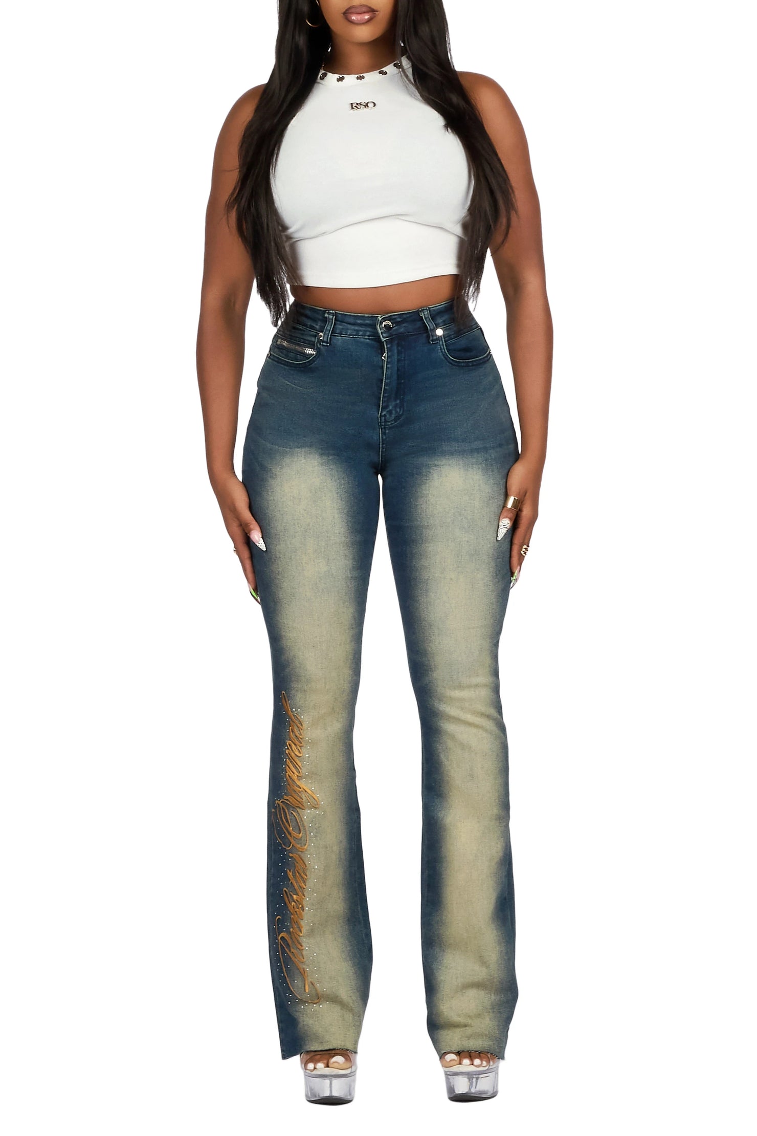 Calisa Tint Rhinestone Stacked Flare Jean